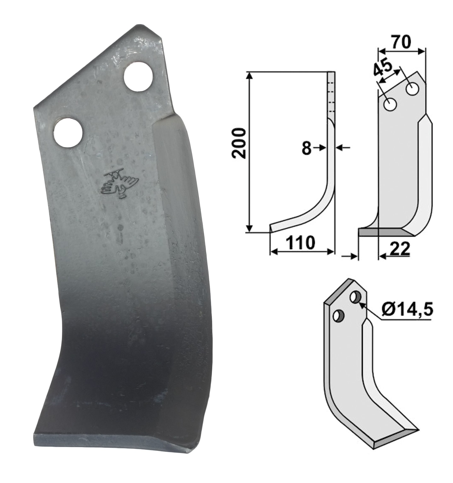 Industriehof® Fräsmesser links/rechts 200 x 70 x 8 mm, Bohrung 14,5 mm, gebogen, für Maletti