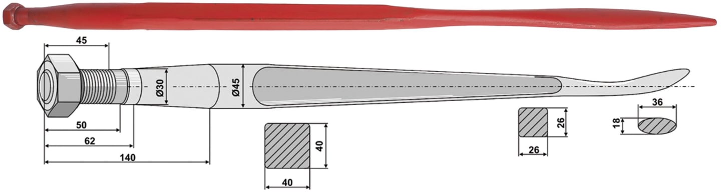 Industriehof® Löffelzinken 1.100 mm; 1.400 mm, M 30 x 2 AG, spitz, mit konischer Mutter, für Kverneland
