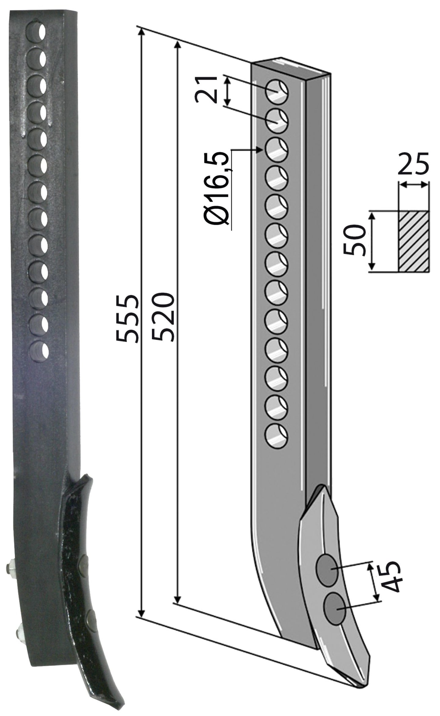 Industriehof® Spurlockerzinken 555 x 25 x 50 mm mit Schar, für Väderstad, 101.04052