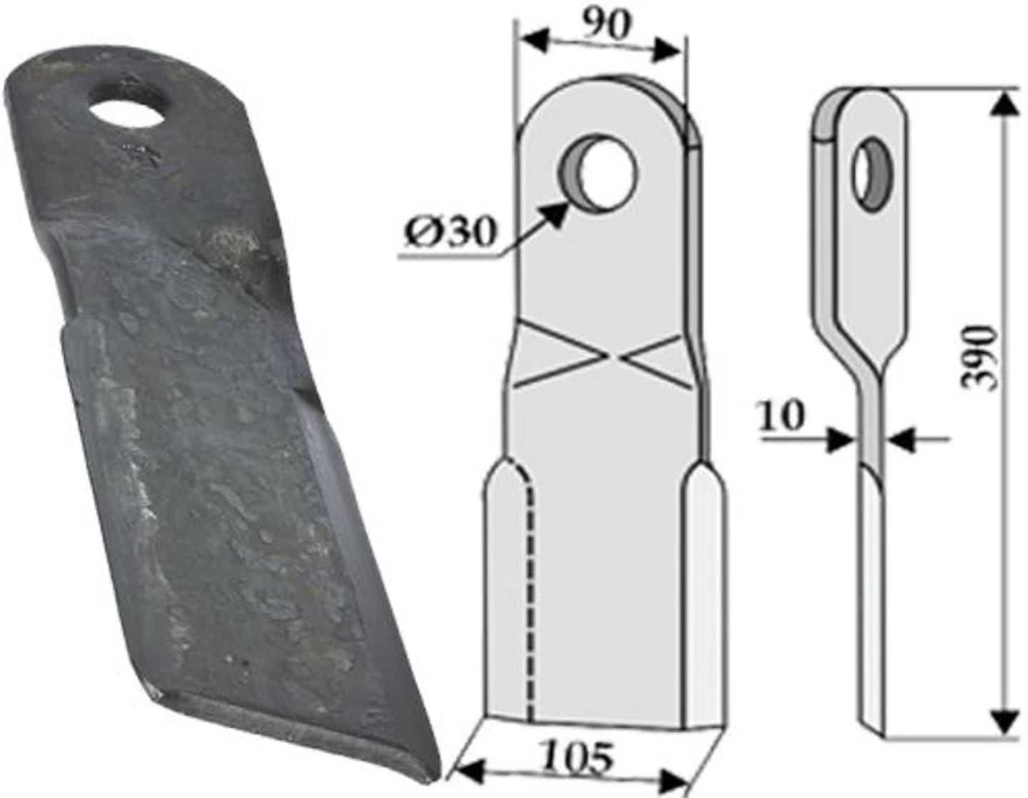 Industriehof® Mulchmesser links/rechts, 390 x 90/105 x 10 mm, Bohrung 30 mm für Bams