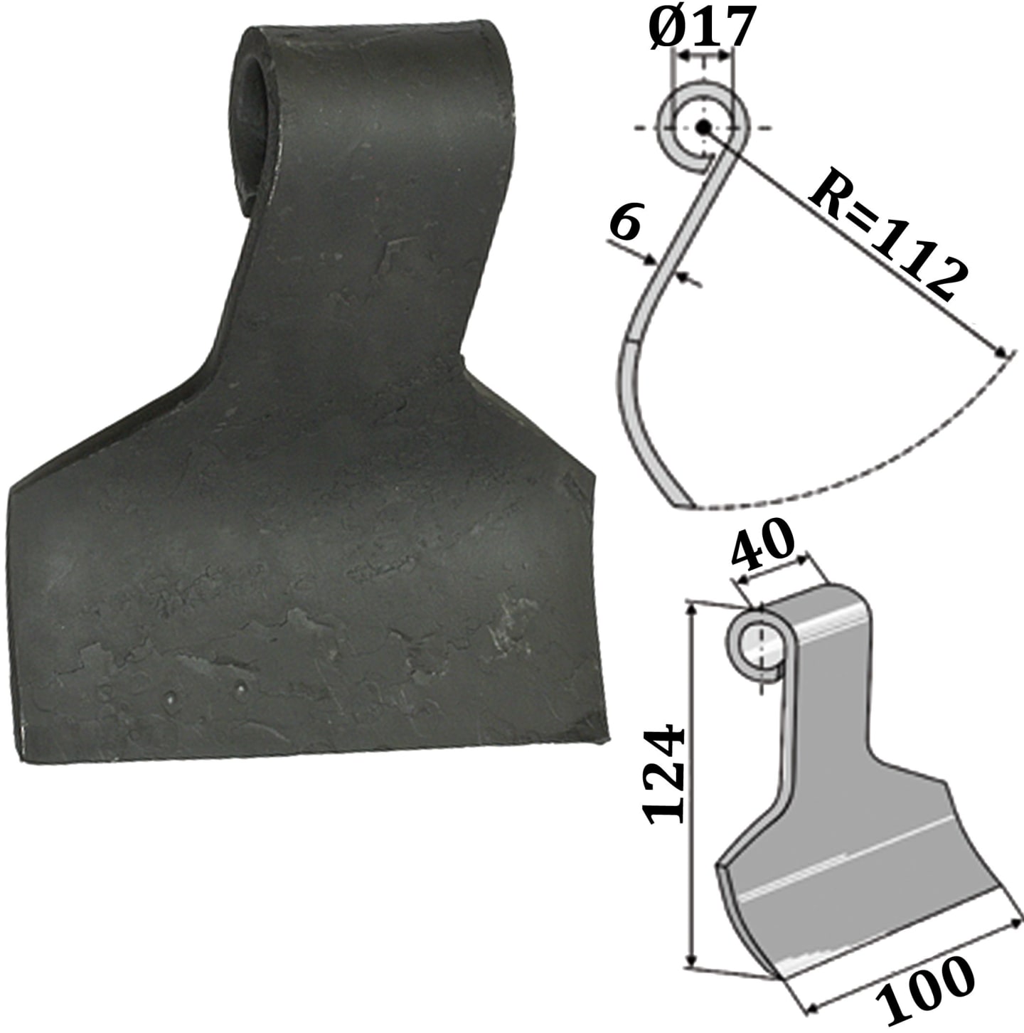Industriehof® Schlegelmesser 124 x 40/100 x 6 mm, für Mulcher Kuhn, Nobili, 63-NOB-37