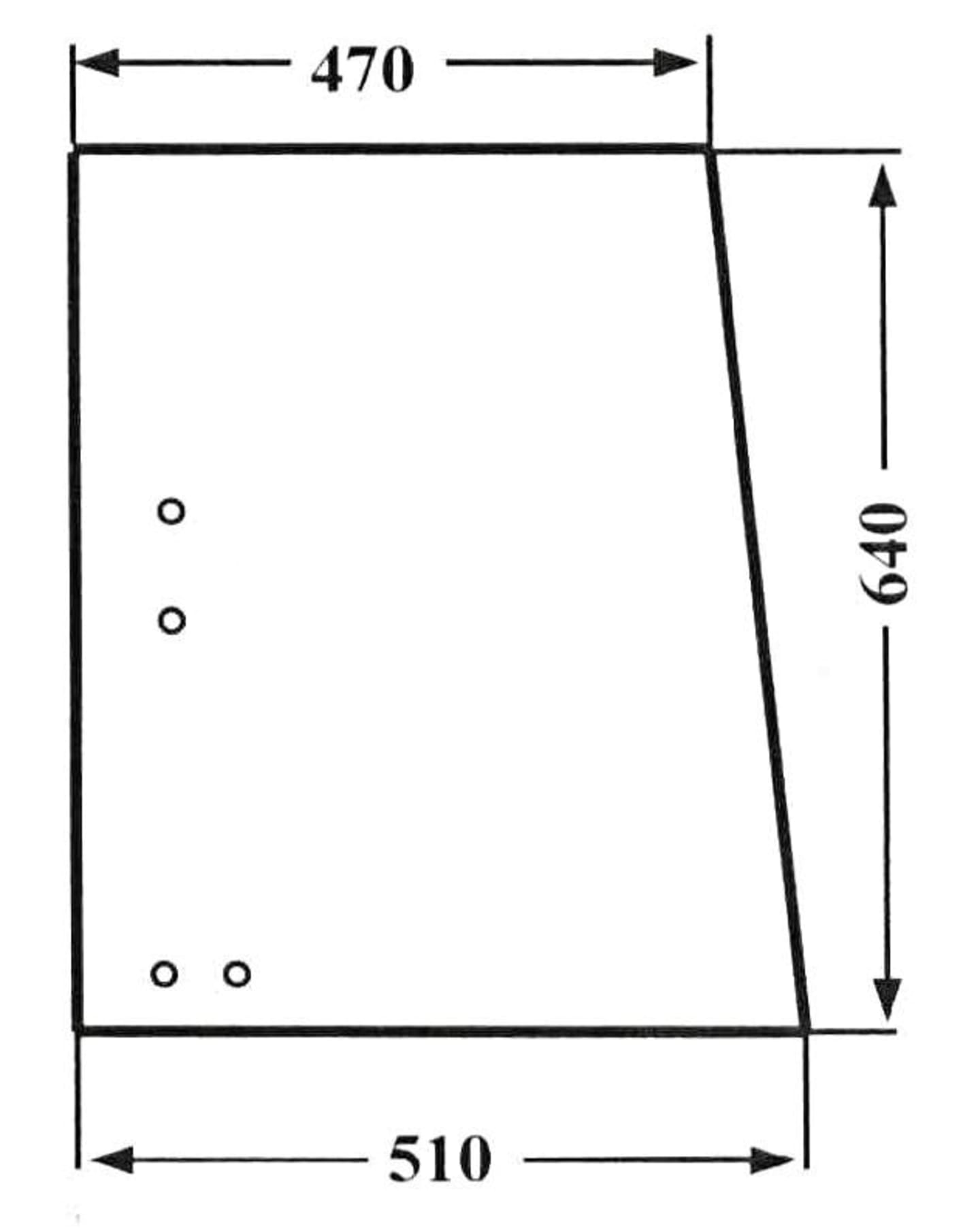 Seitenscheibe 640 x 470/510 x 5 mm links/rechts, klar, schiebbar, 4 Bohrungen, für Traktor Deutz-Fahr D 06 - Kabine 8102, Verdeck M 711, M 771