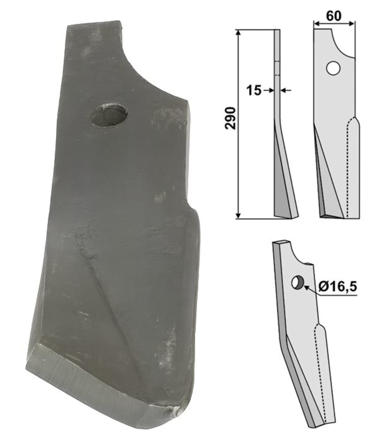 Industriehof® Rotorzinken links/rechts 290 x 60 x 15 mm, Bohrung 16,5 mm für Kuhn