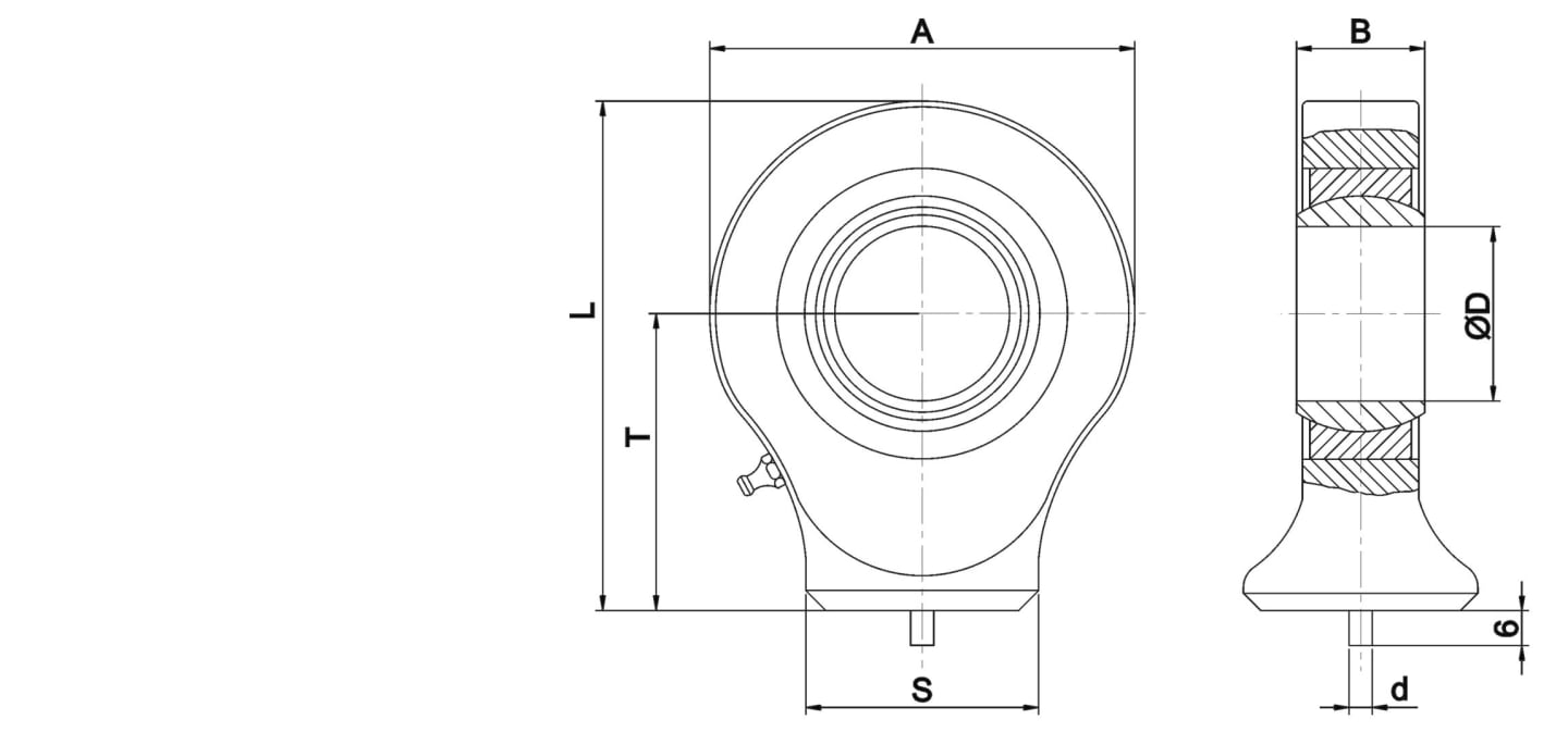 Schema Anschweißgelenkauge "Form C", A=73 mm, B=22 mm, D=30 mm, L=87,5 mm, für Hydraulikzylinder