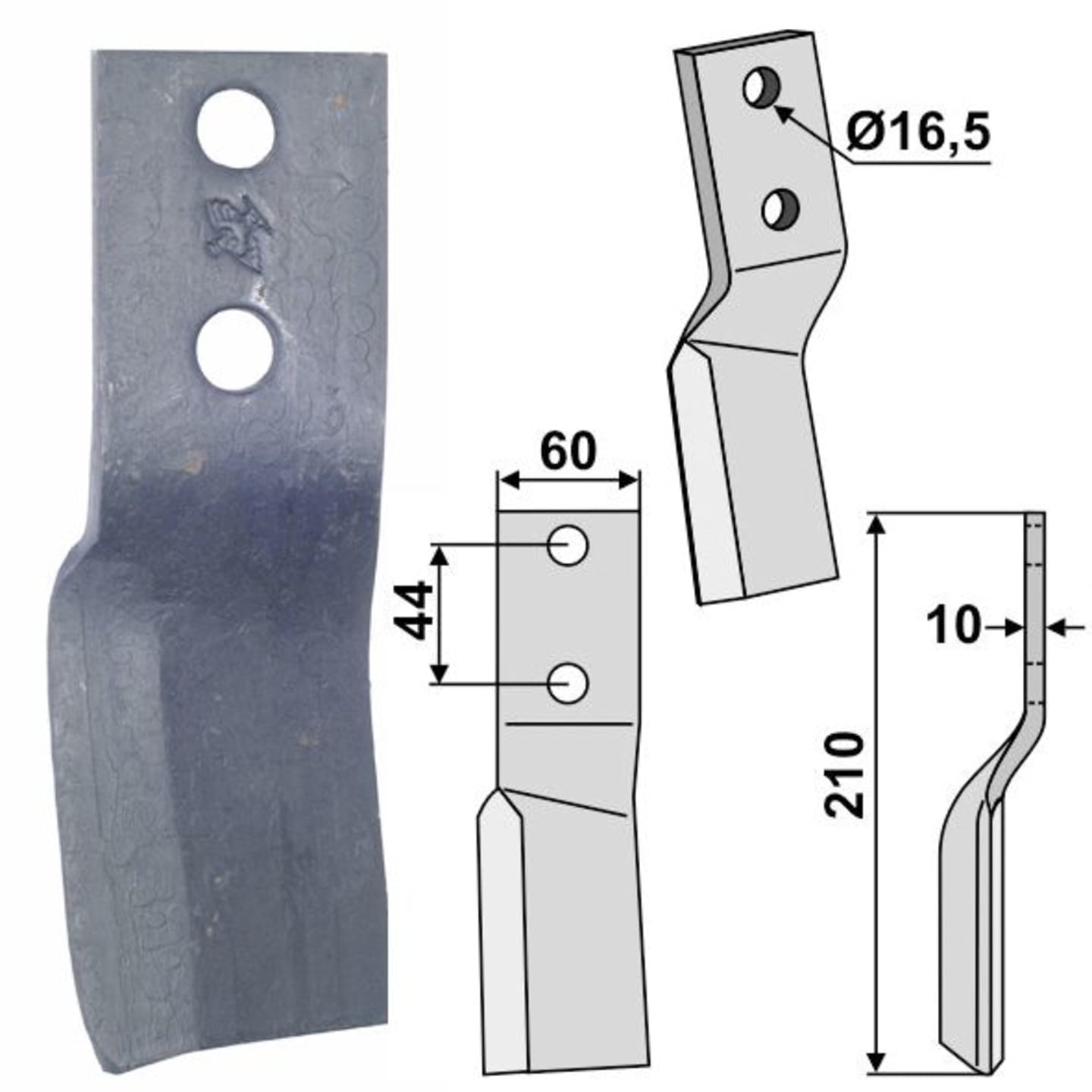 Industriehof® Rotorzinken links/rechts 210 x 60 x 10 mm, Bohrung 16,5 mm für Breviglieri b200V - 50175