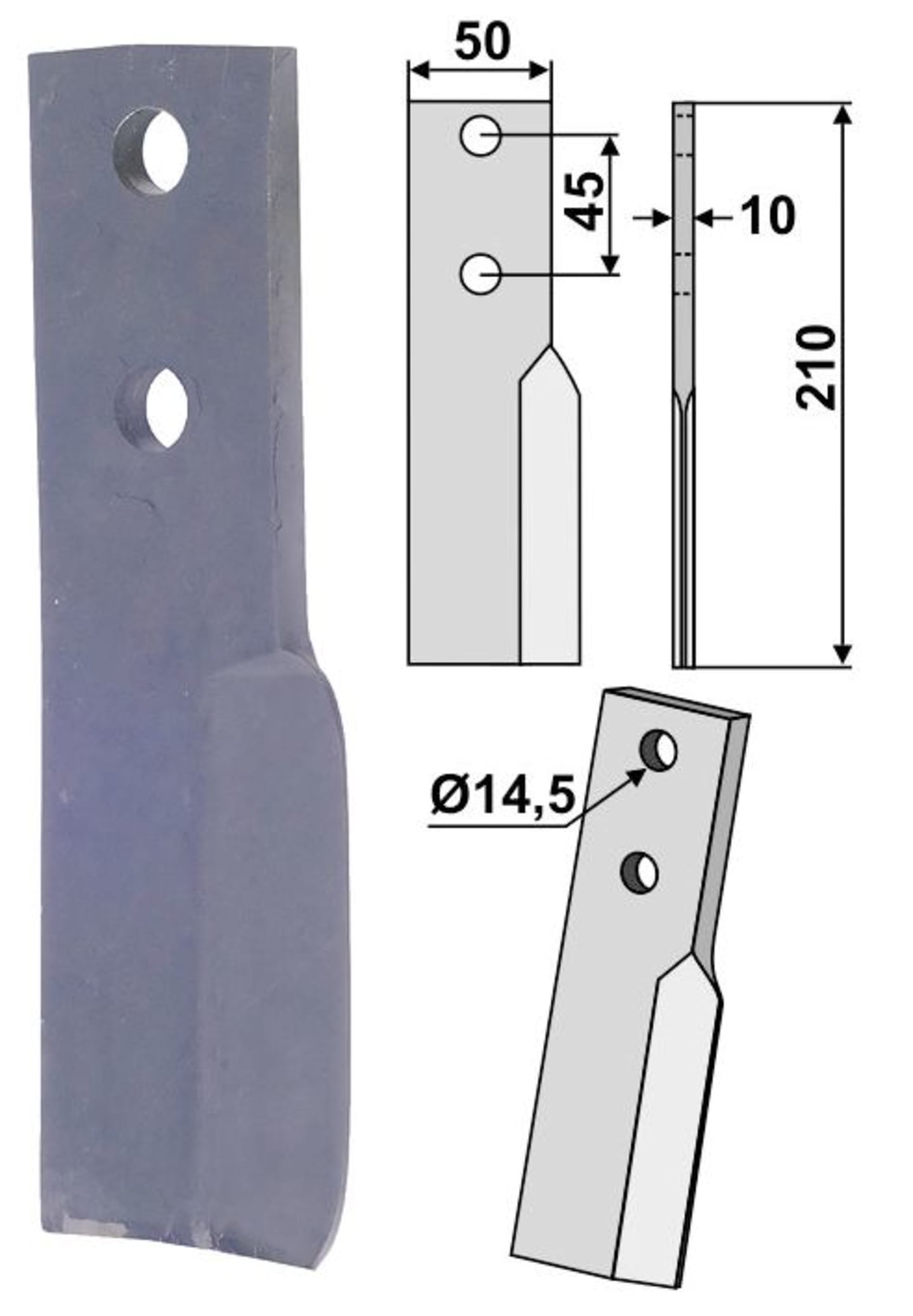 Industriehof® Rotorzinken links/rechts 210 x 50 x 10 mm, Bohrung 14,5 mm für Breviglieri, BRE-19