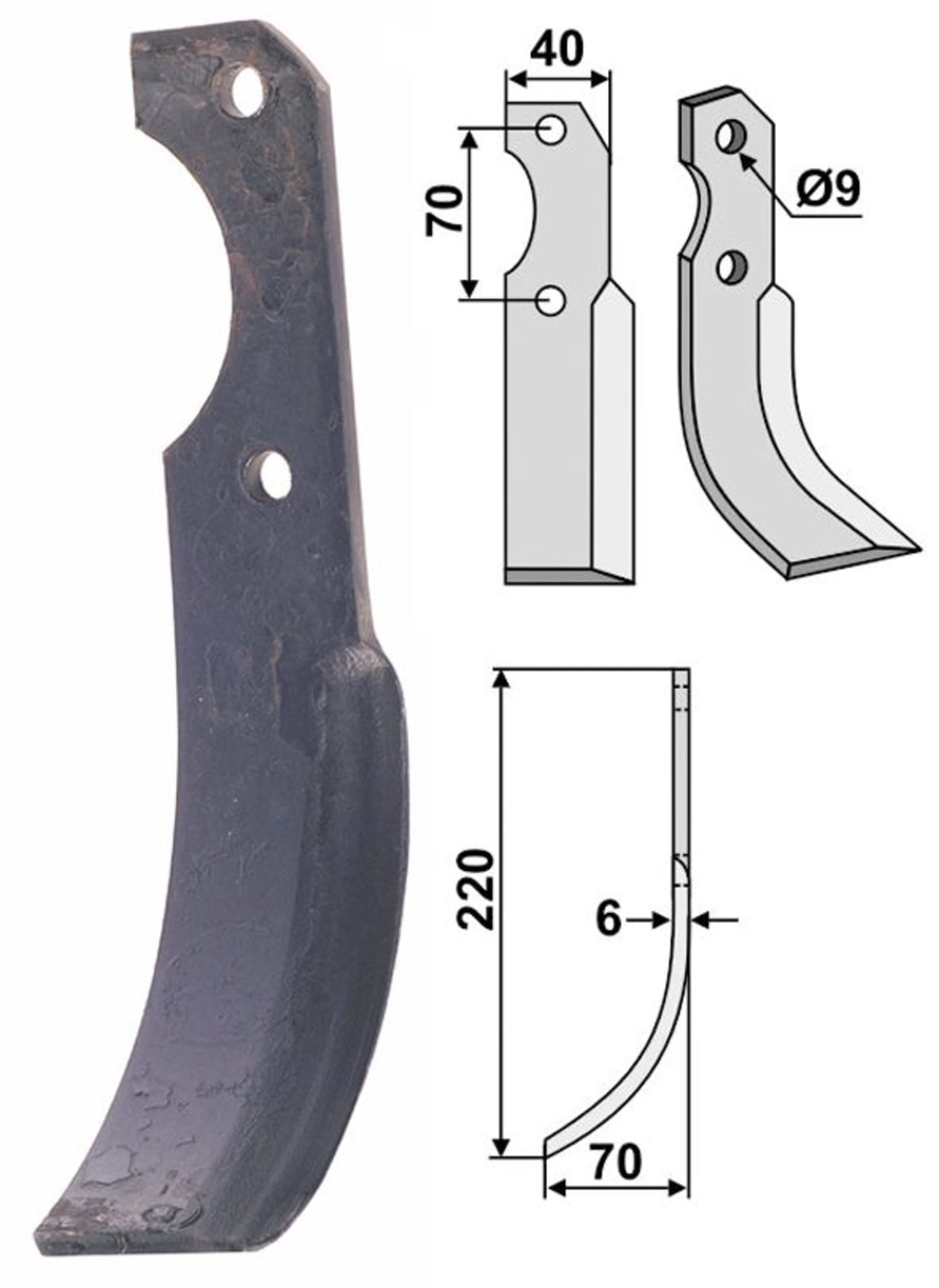 Industriehof® Fräsmesser links/rechts 220 x 40 x 6 mm, Bohrung 9 mm, gebogen, für Brumital-Agris
