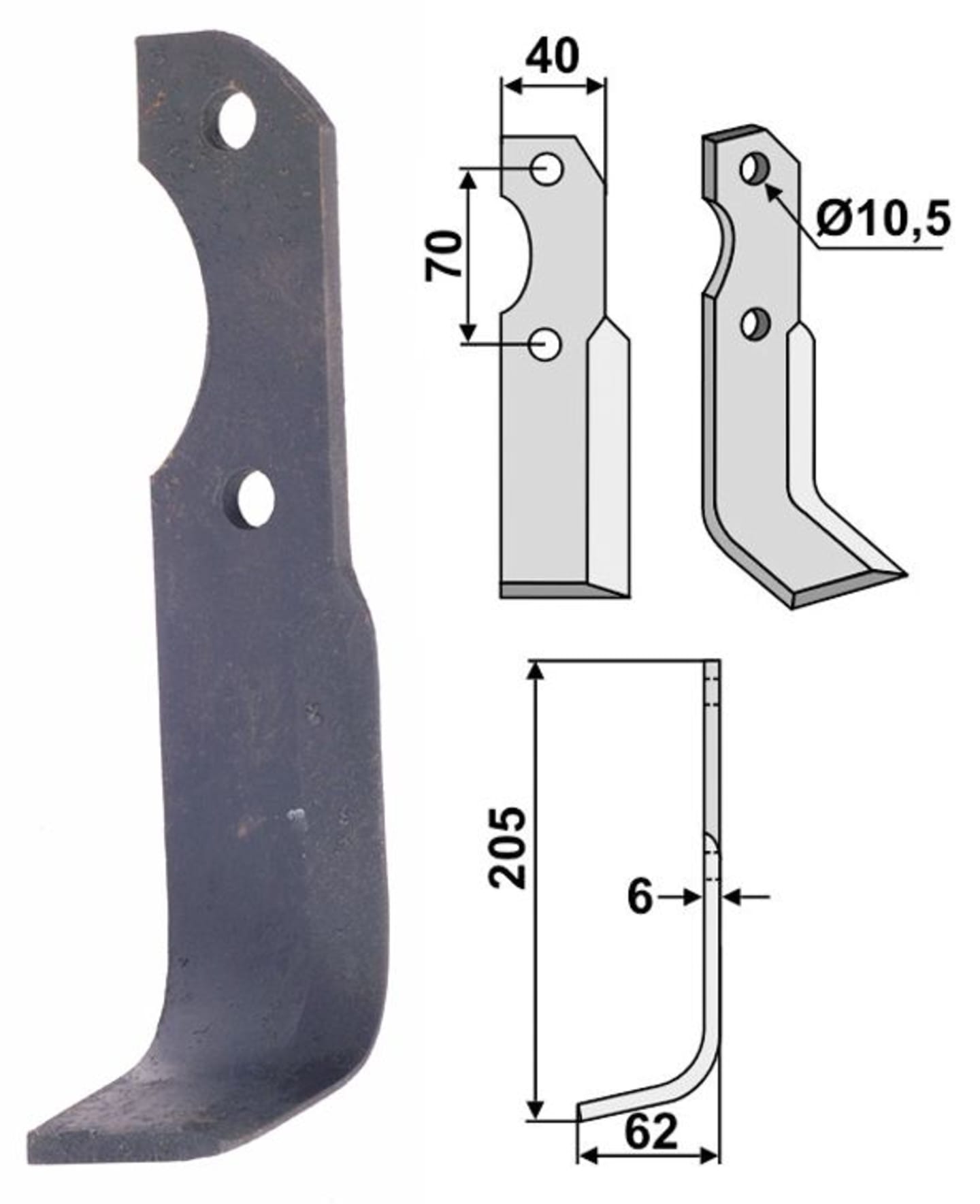 Industriehof® Fräsmesser links/rechts 205 x 40 x 6 mm, Bohrung 10,5 mm, für Brumital-Agris