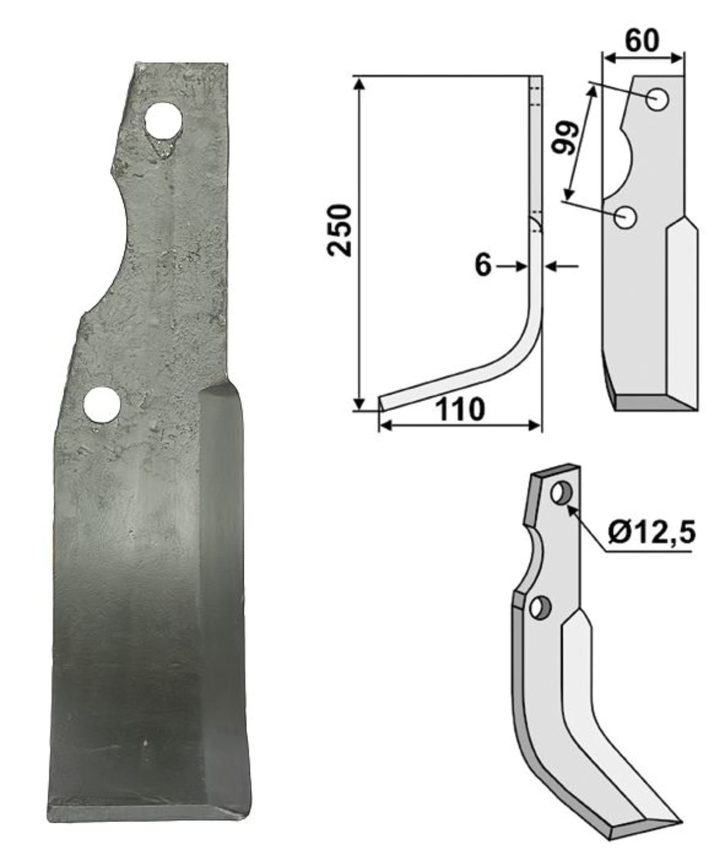 Industriehof® Fräsmesser links/rechts 250 x 60 x 6 mm, Bohrung 12,5 mm, für Goldoni