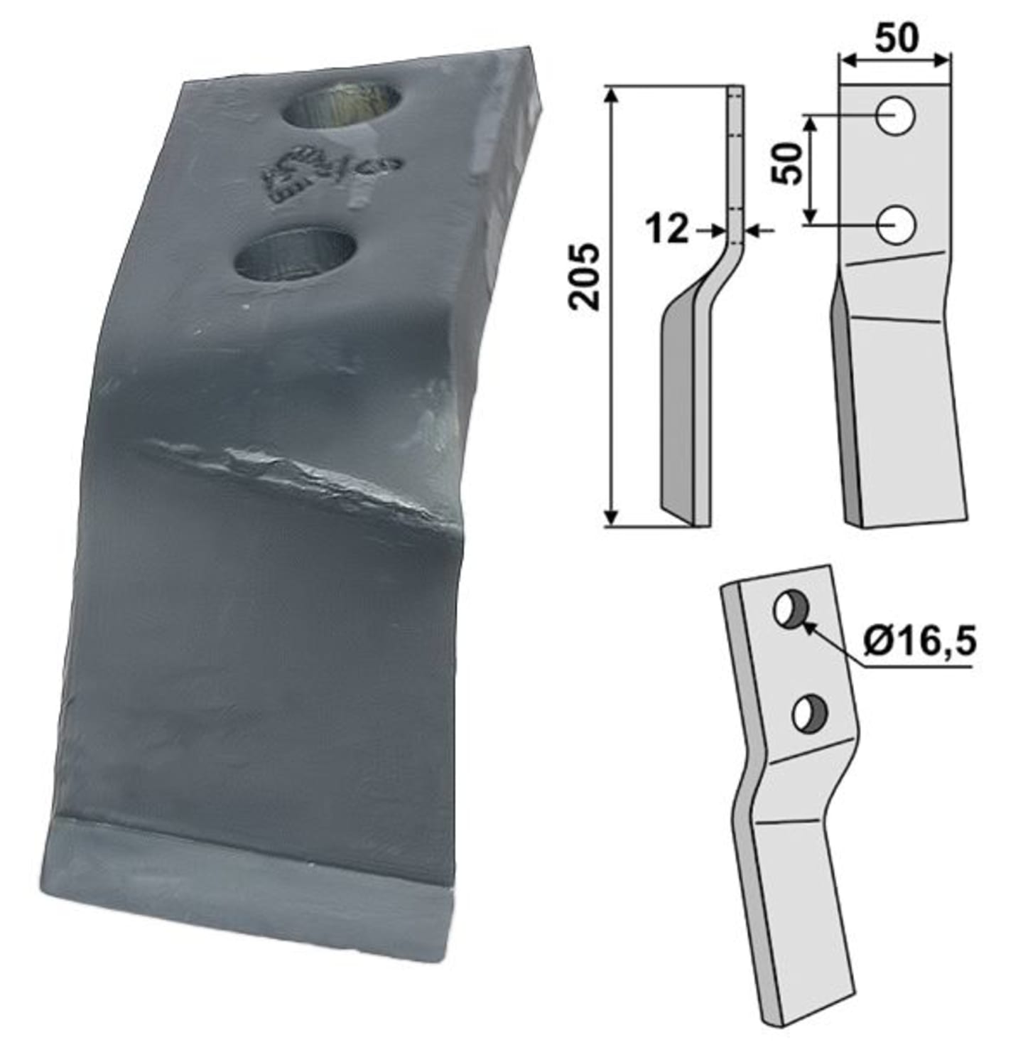 Industriehof® Rotorzinken links/rechts 205 x 50 x 12 mm, Bohrung 16,5 mm für Howard