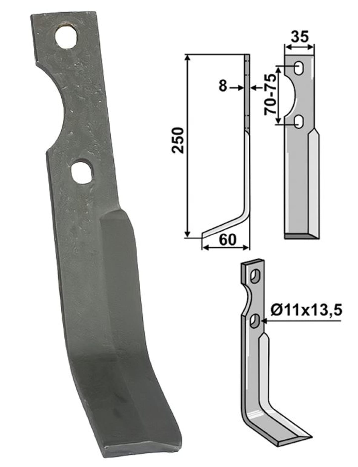 Industriehof® Rotorzinken links/rechts 250 x 35 x 8 mm, Bohrung 11 mm; 13,5 mm für Simon