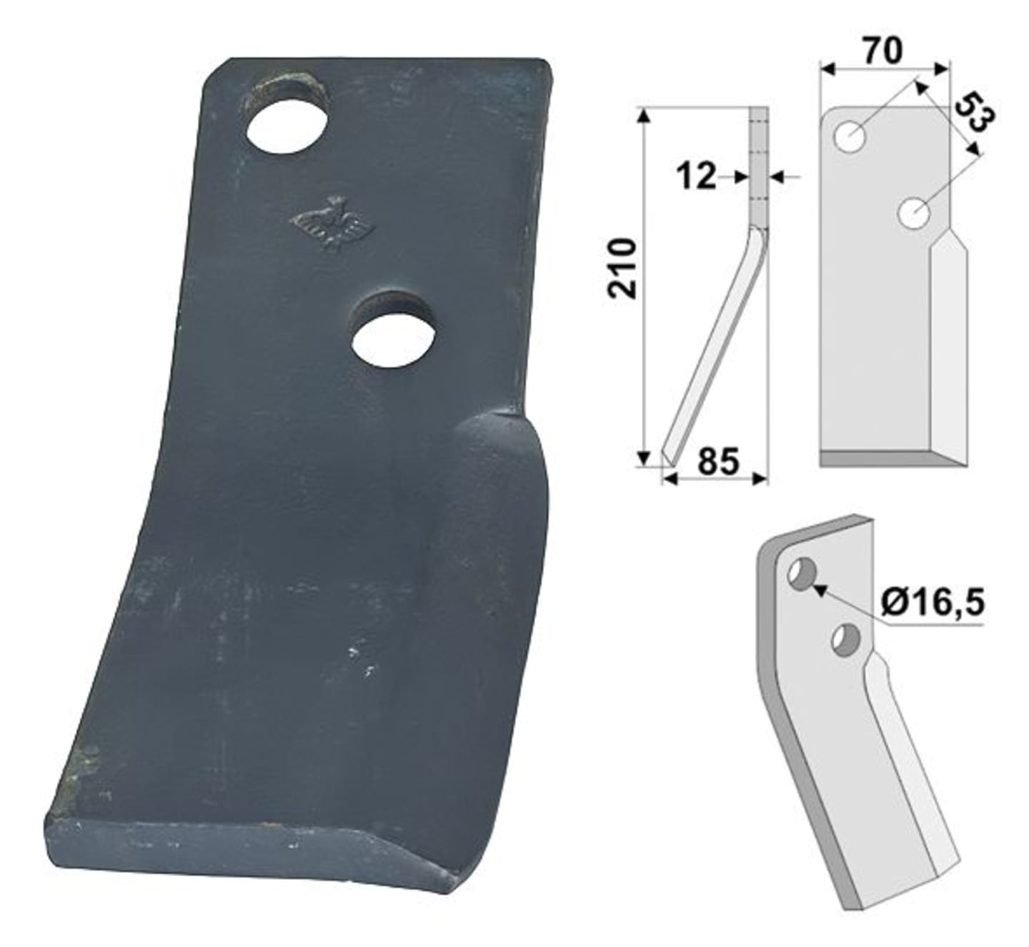 Industriehof® Rotorzinken links/rechts 210 x 70 x 12 mm, Bohrung 16,5 mm für Massano