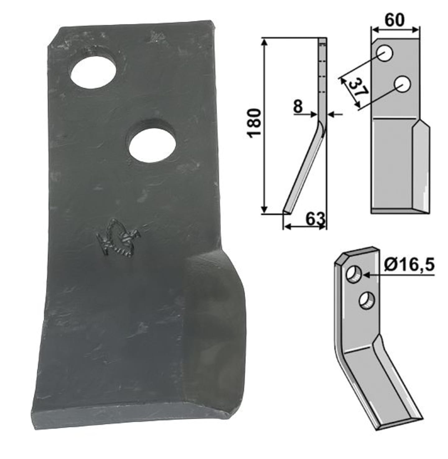 Industriehof® Rotorzinken links/rechts 180 x 60 x 8 mm, Bohrung 16,5 mm für Massano