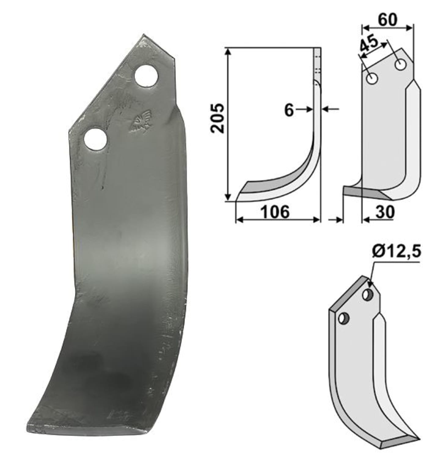 Industriehof® Fräsmesser links/rechts 205 x 60 x 6 mm, Bohrung 12,5 mm, für Nardi