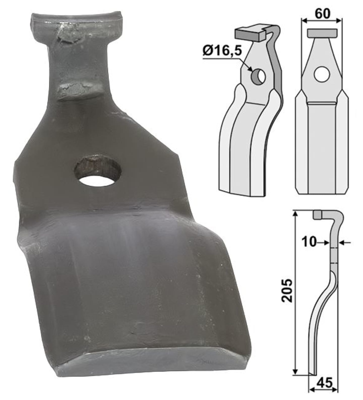 Industriehof® Rotorzinken links/rechts 205 x 60 x 10 mm, Bohrung 16,5 mm für Pegoraro, PEG-28