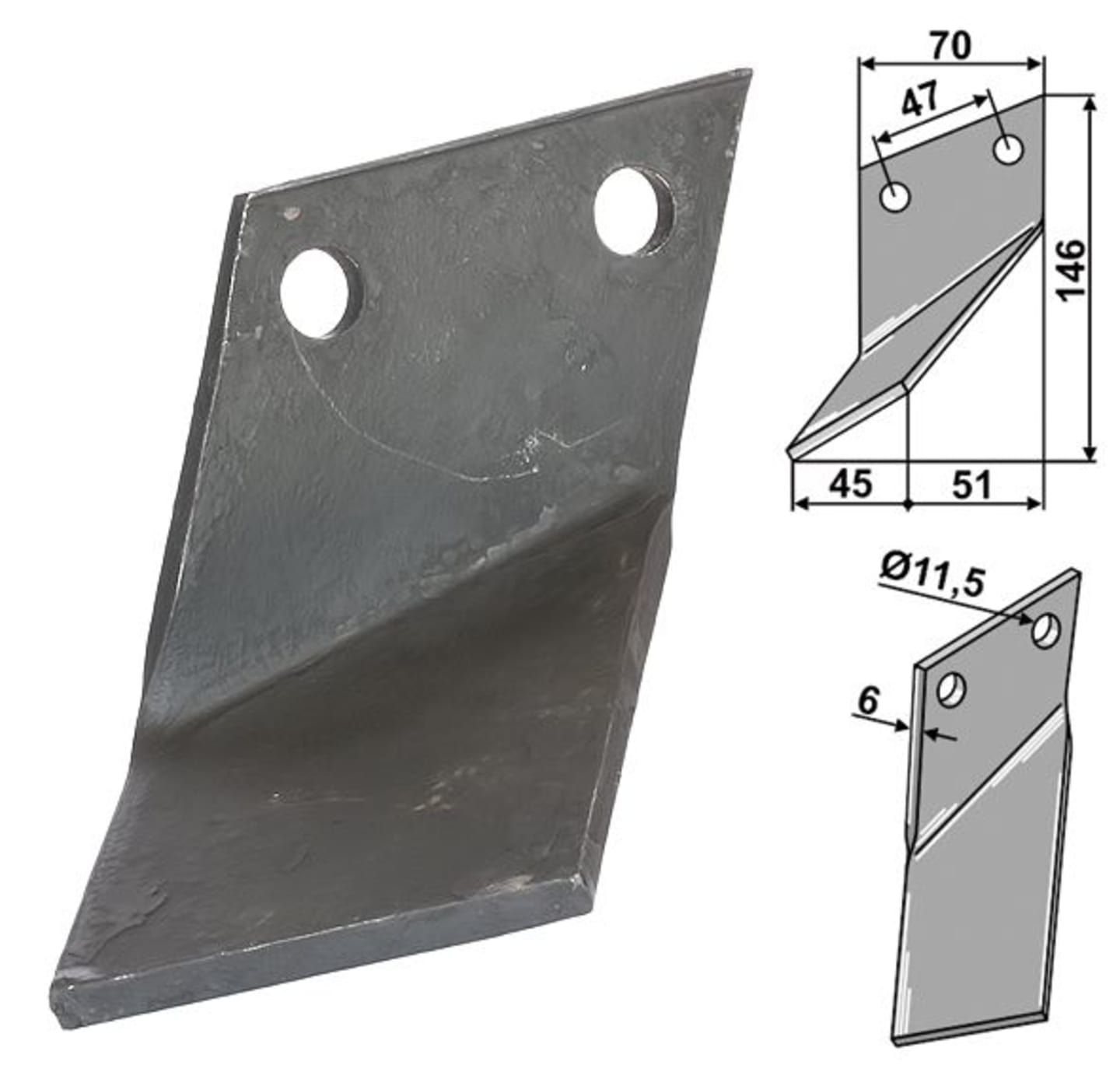 Industriehof® Rotorzinken links/rechts 146 x 70 x 6 mm, Bohrung 11,5 mm für Rota Dairon