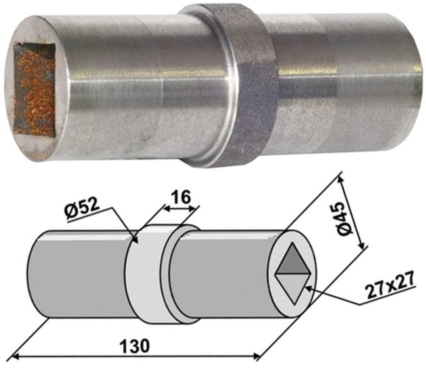 Industriehof® Lagerwelle für Vierkantwelle 26 x 26 mm, 45; 52 x 27; 27 x 130 mm, 31-0031C