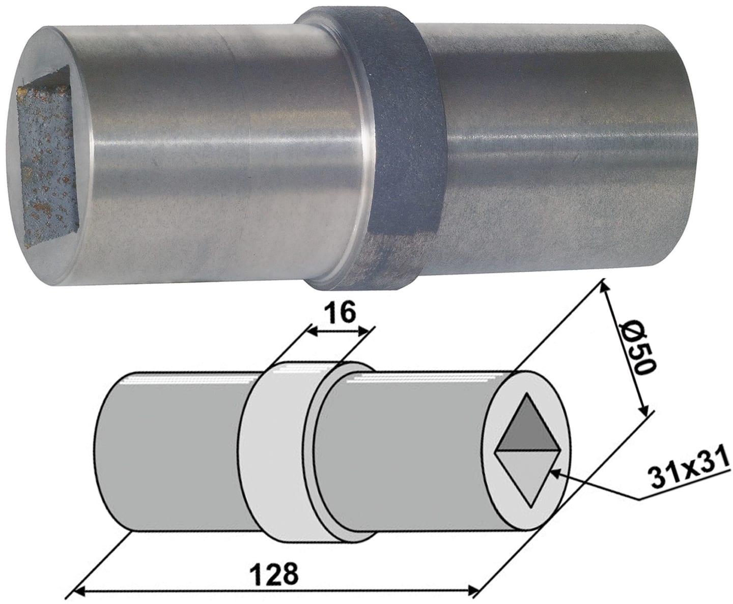Industriehof® Lagerwelle für Lagerung mit Vierkantwelle 30 x 30 mm, 50 x 31; 31 x 128 mm, 31-0061E