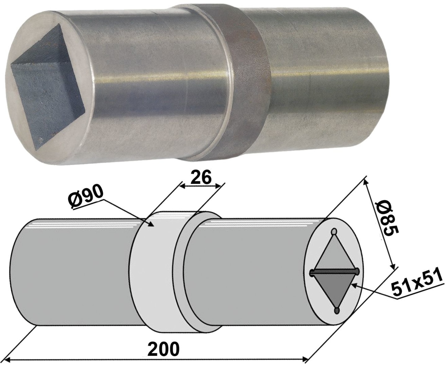 Industriehof® Lagerwelle für Lagerung mit Vierkantwelle 50 x 50 mm, 85; 90 x 51; 51 x 200 mm, 31-0088G