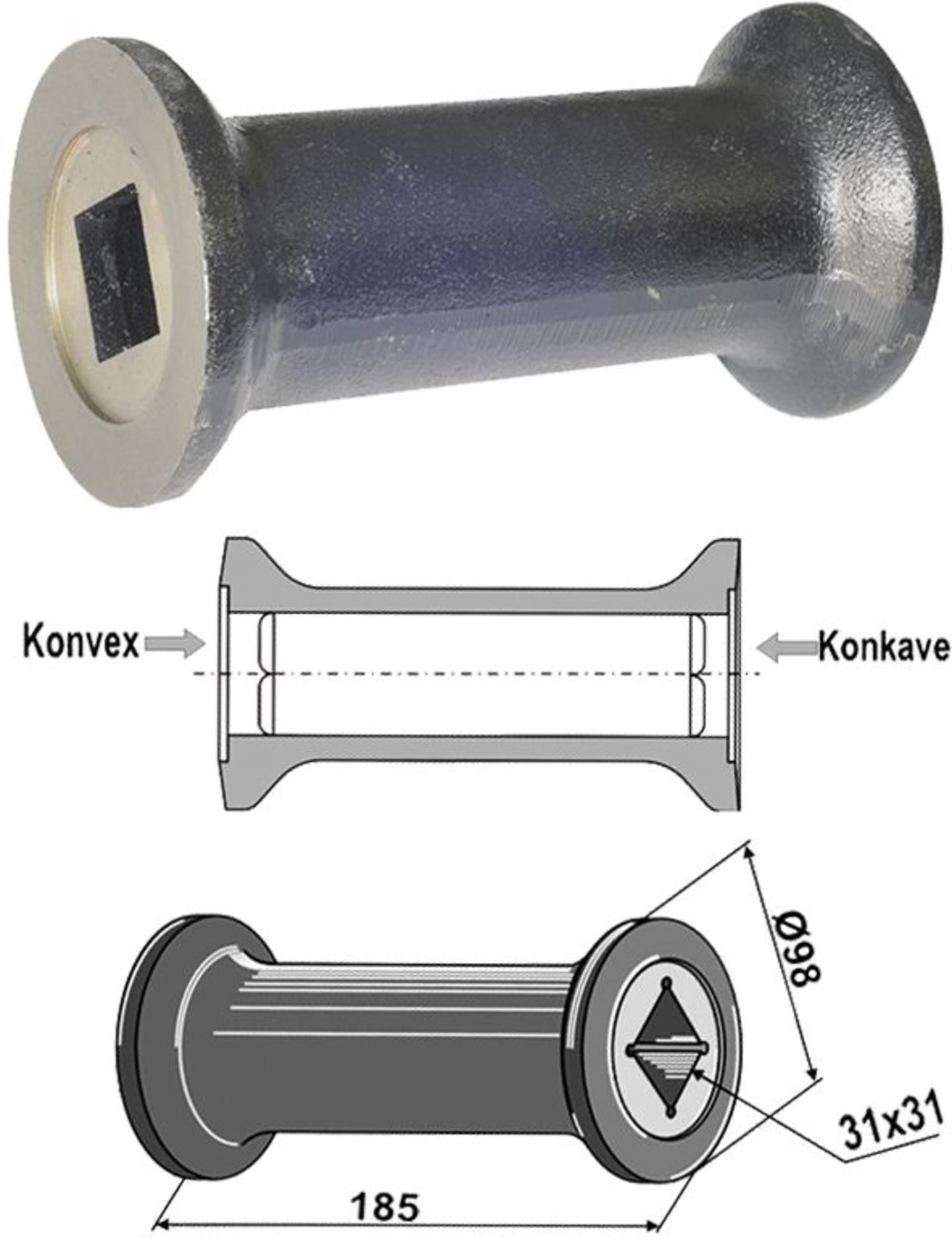 Industriehof® Zwischenstück, Länge 185 mm, Ø außen 98 mm, für universal 28 x 28/30 x 30 Vierkantwellen, Scheiben Ø 510 mm, 31-0115