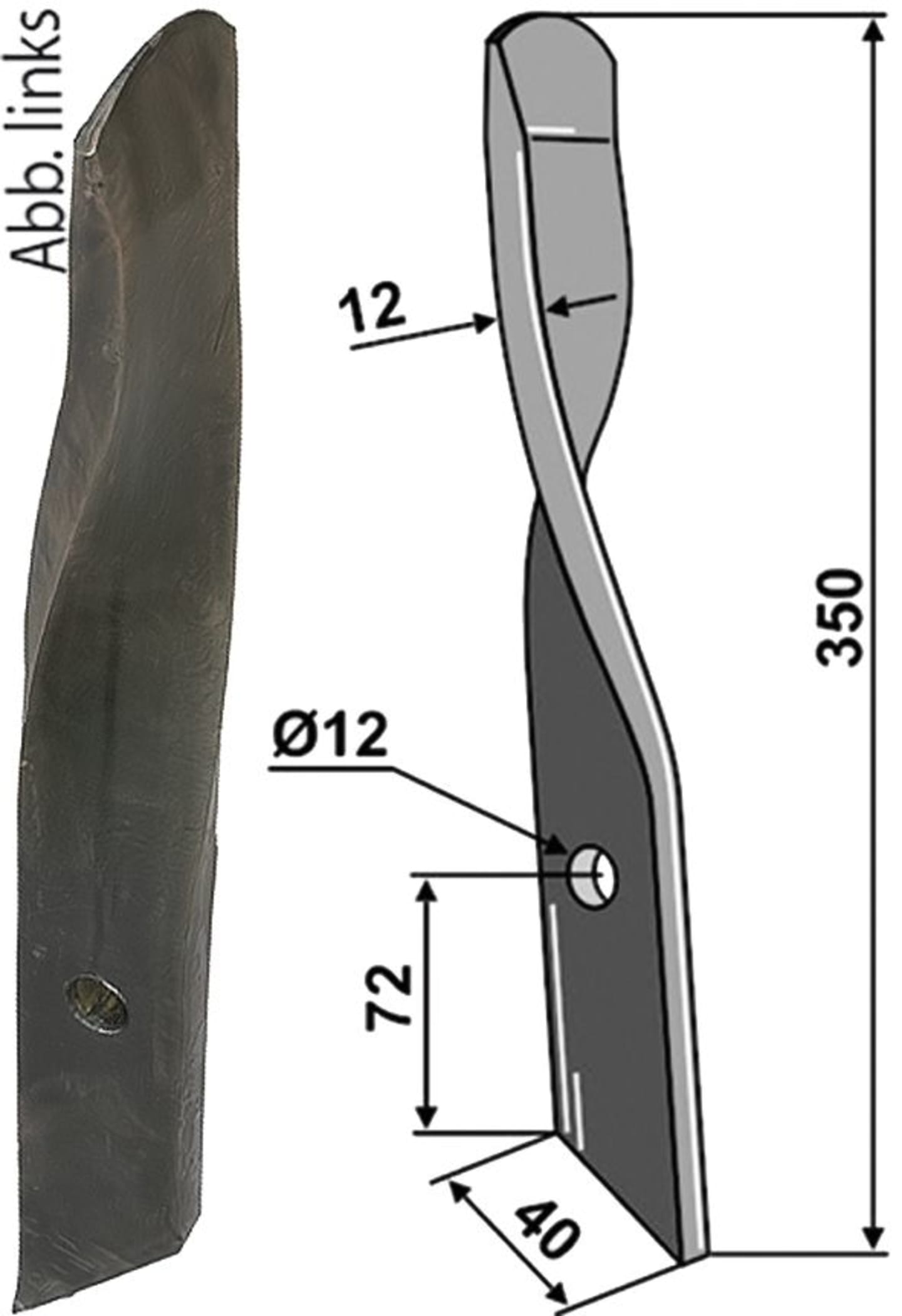 Industriehof® Rollspatenmesser links/rechts 350 x 40 x 12 mm Bohrung 12 mm für "Dyna-Drive"