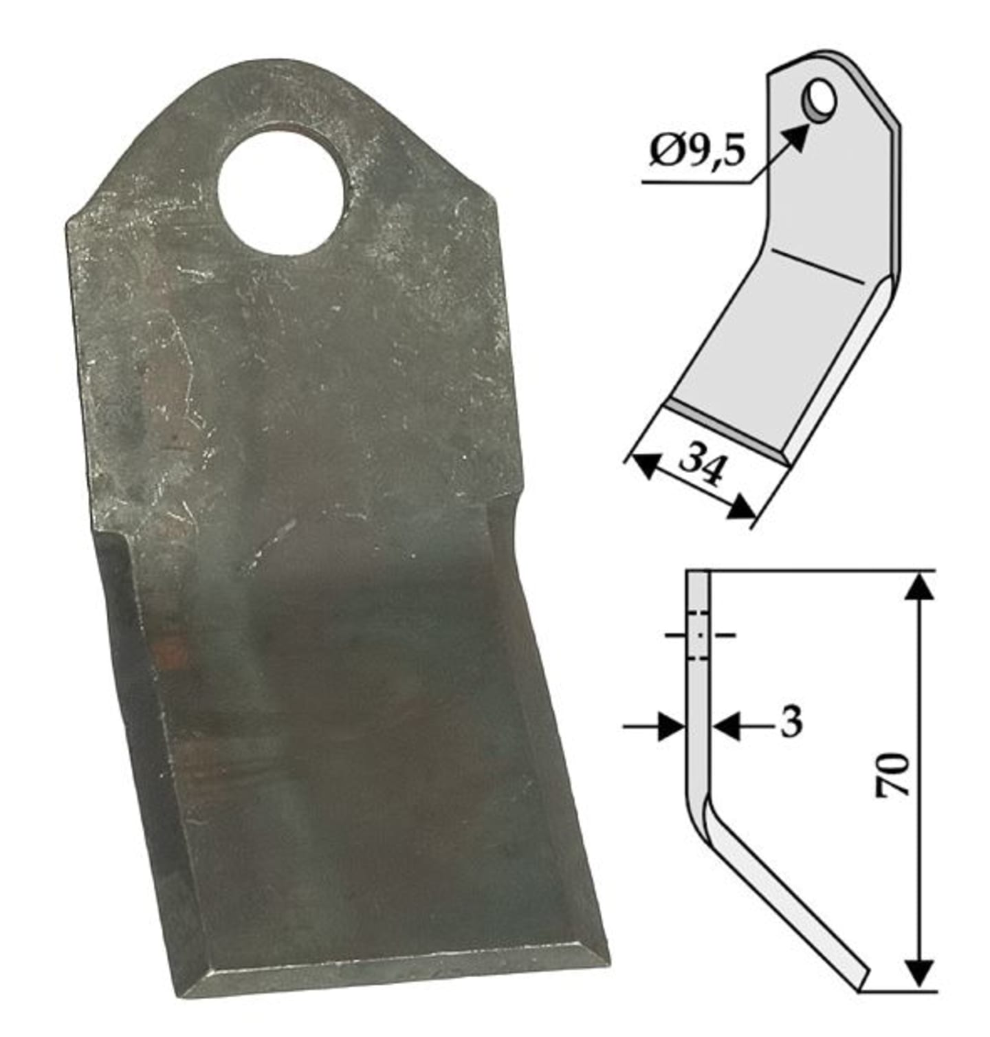 Industriehof® Y-Messer 70 x 34 x 3 mm, Bohrung 9,5 mm, für Mulcher Bomford, 63-BOM-60