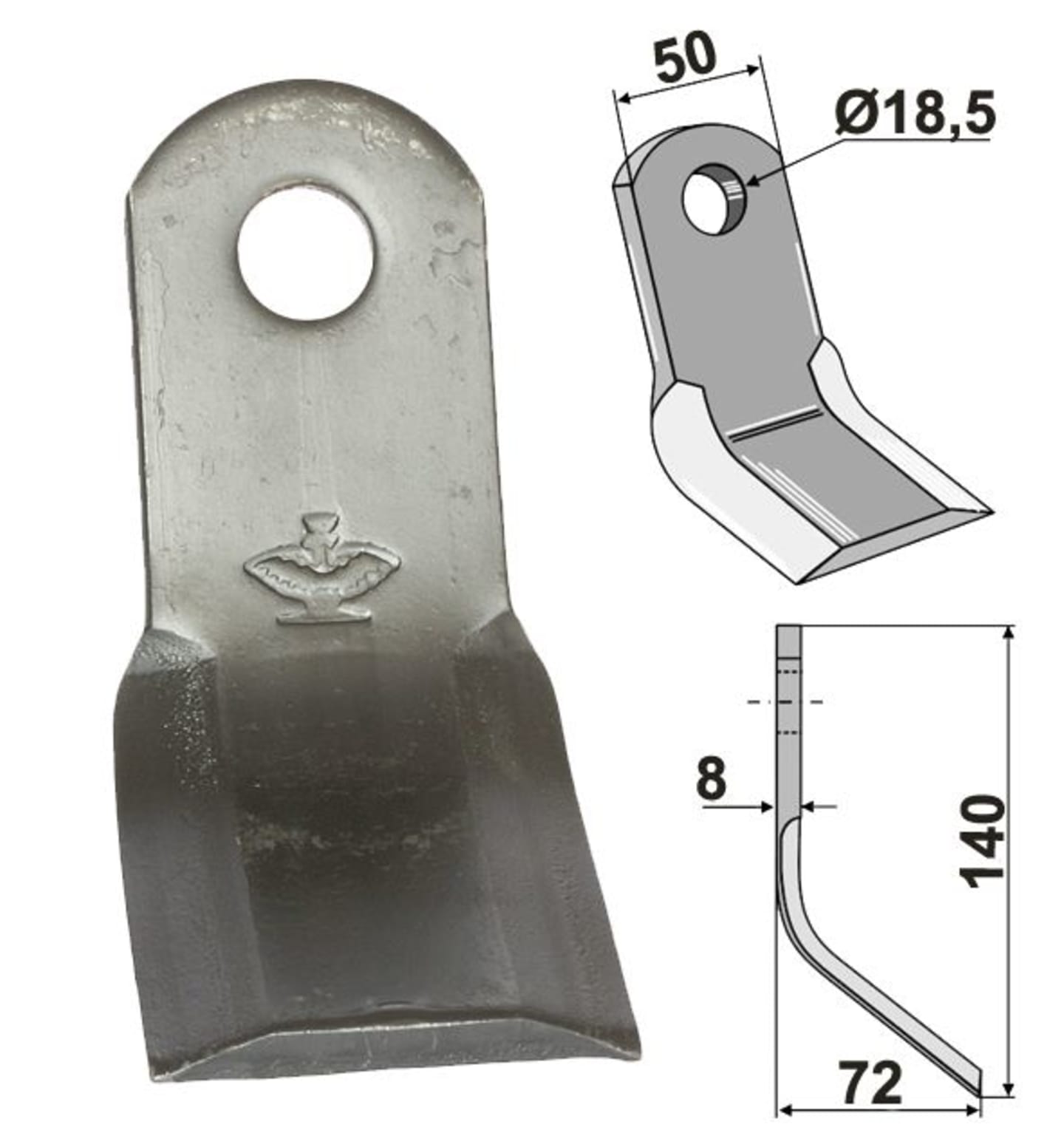 Industriehof® Y-Messer 140 x 50 x 8 mm, Bohrung 18,5 mm, für Mulcher Dragone, 63-DRG-11