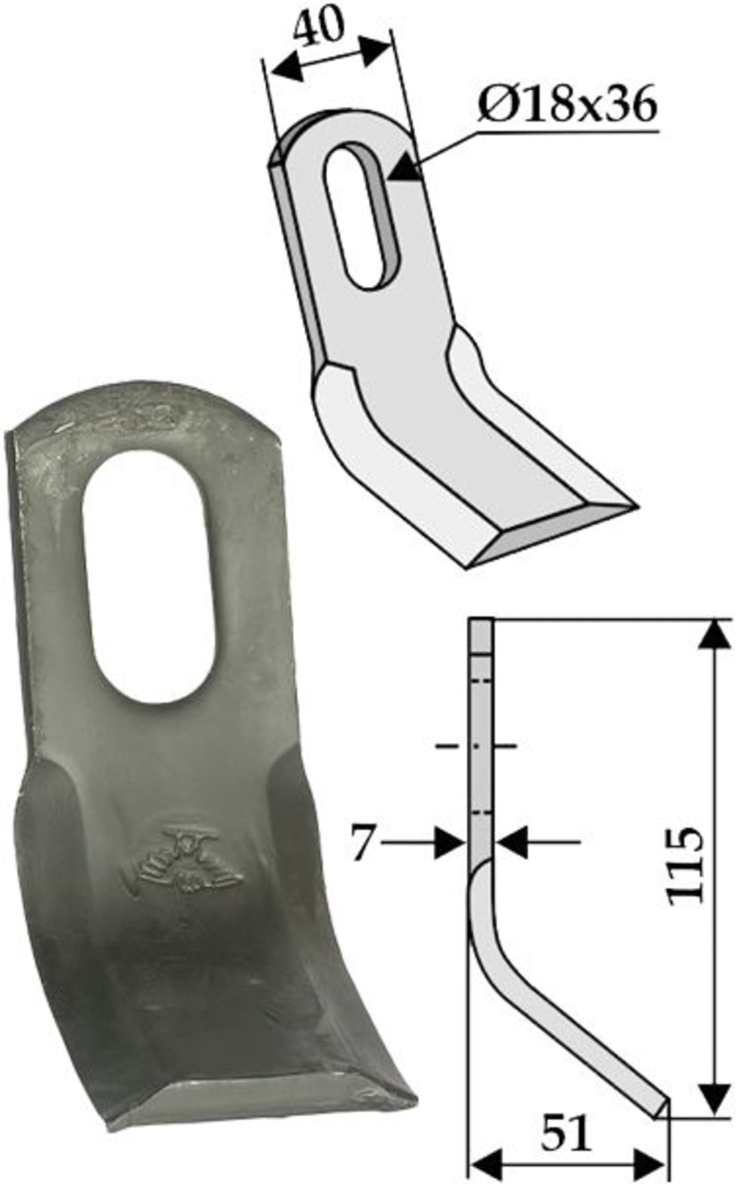 Industriehof® Y-Messer 115 x 40 x 7 mm, Bohrung 36 x 18 mm, für Mulcher Gimac, Wiwexa, Zampini, 63-GIM-03