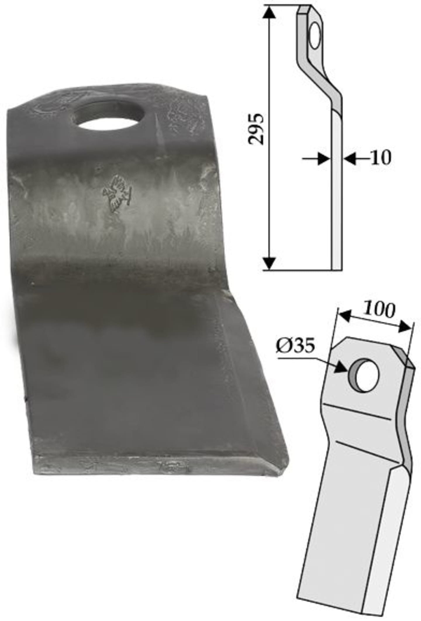 Industriehof® Mulchmesser kurz, verdreht, links/rechts, 295 x 100 x 10 mm, Bohrung 35 mm für Ungarn
