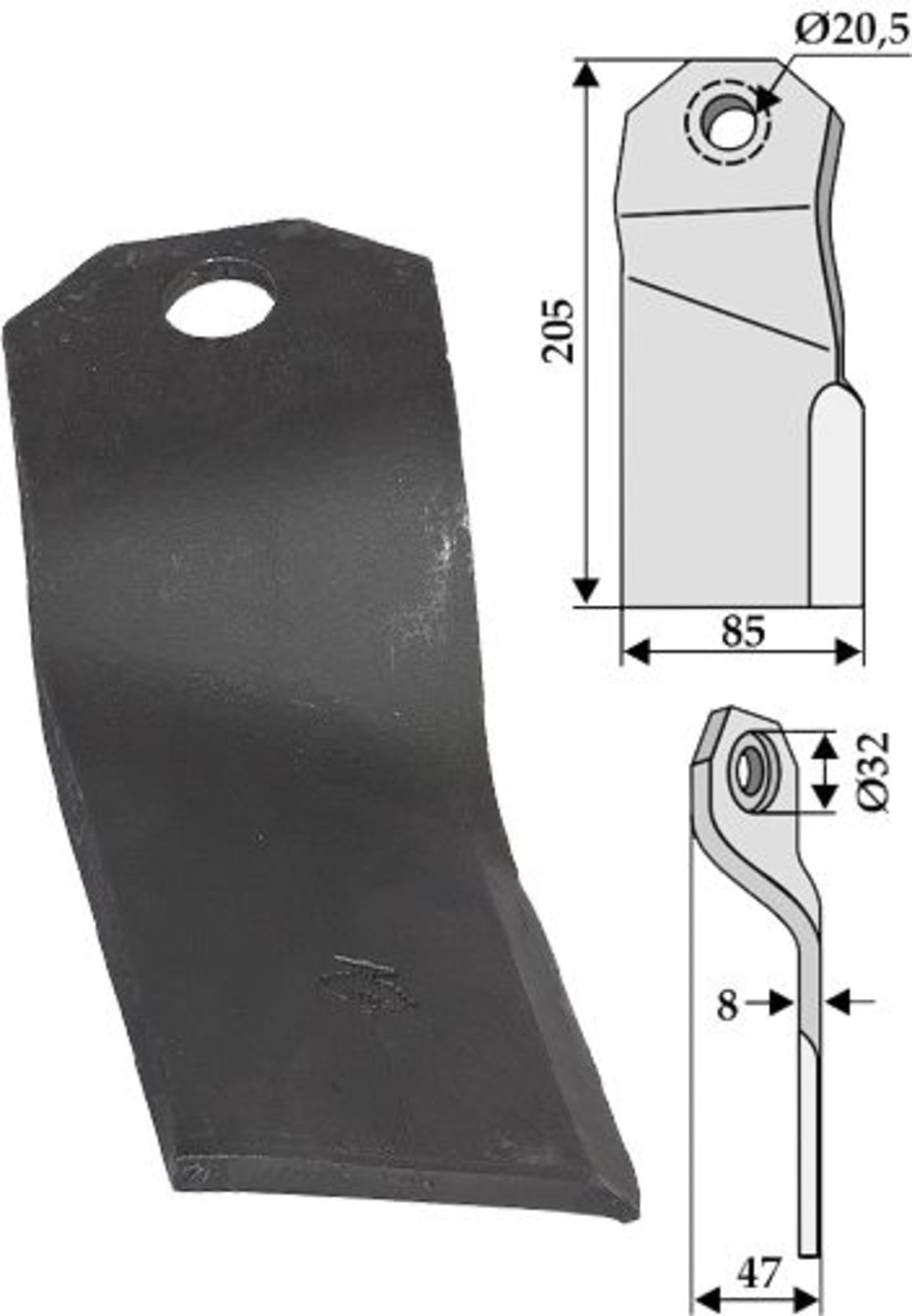 Industriehof® Mähmesser 205 x 85 x 8 mm, Bohrung 32 x 20,5 mm, für Mulchgerät Joskin, 63-JOS-01