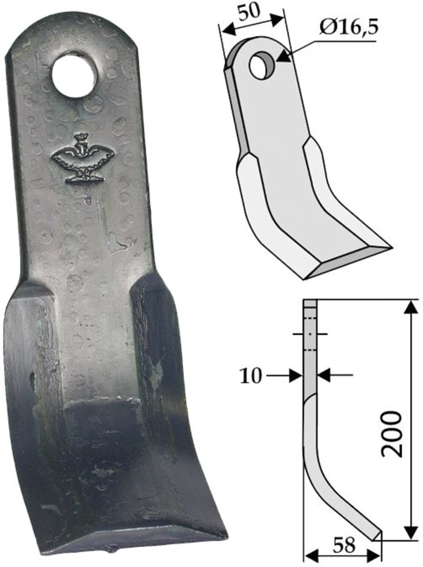 Industriehof® Y-Messer 200 x 50 x 10 mm, Bohrung 16,5 mm, für Mulcher Kverneland (Maletti), 63-MAL-14