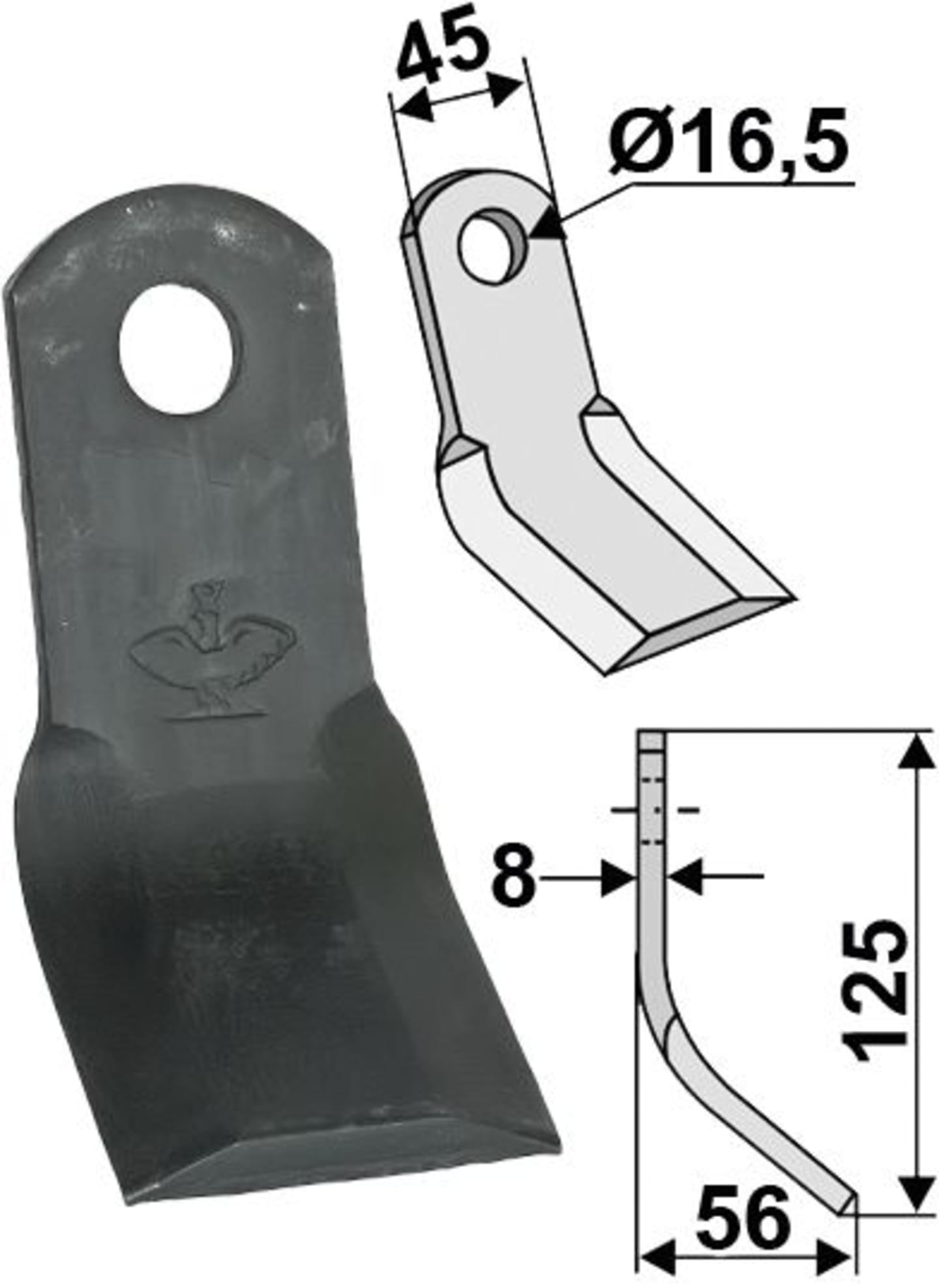 Industriehof® Y-Messer 125 x 45 x 8 mm, Bohrung 16,5 mm, für Mulcher Kuhn, Nobili, Tortella, 63-NOB-27