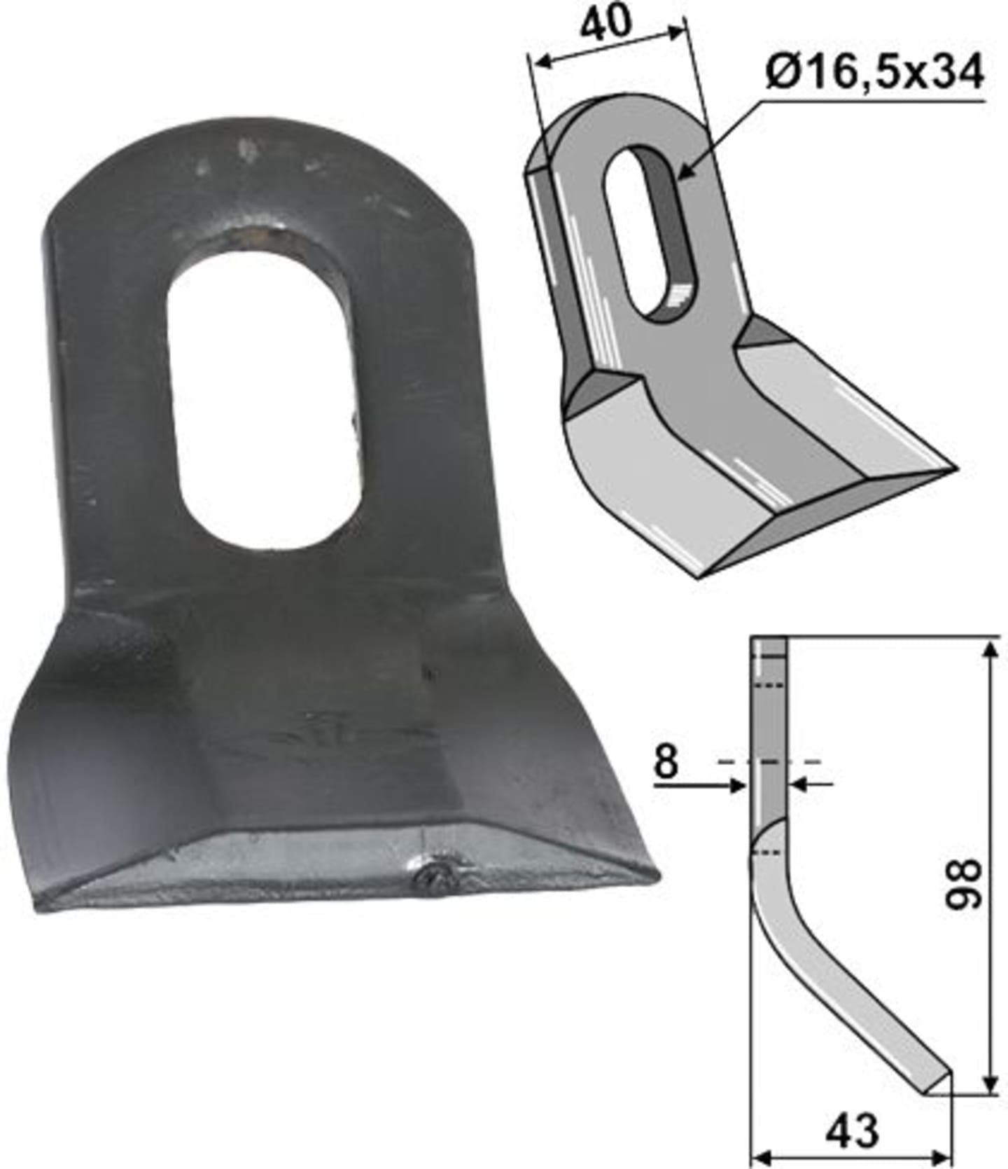 Industriehof® Y-Messer 98 x 40 x 8 mm, Bohrung 34 x 16,5 mm, für Mulcher Orsi, 63-ORS-06