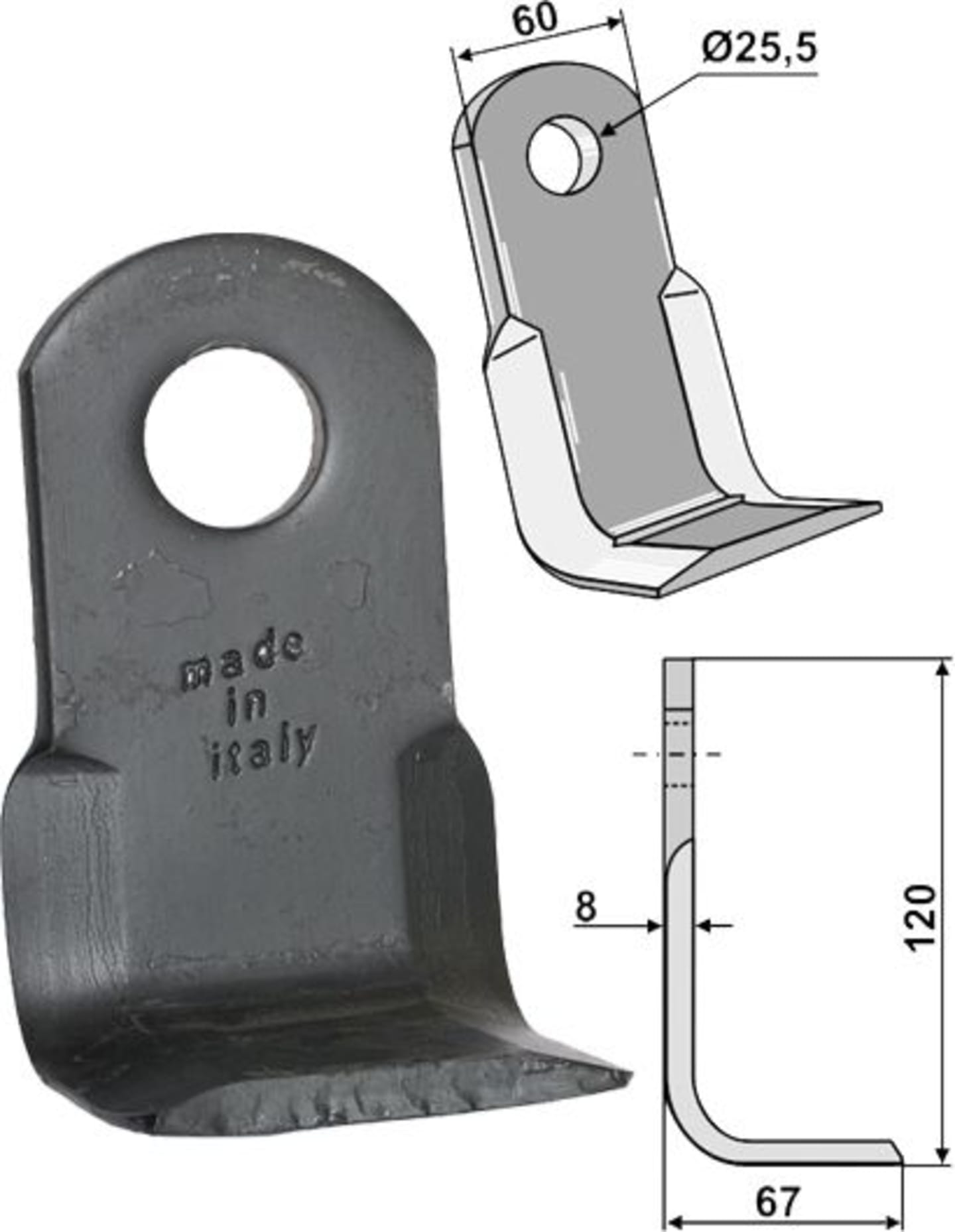 Industriehof® Y-Messer 120 x 60 x 8 mm, Bohrung 25,5 mm, Tiefe 67 mm, für Mulchgerät Sicma, 63-SIC-01