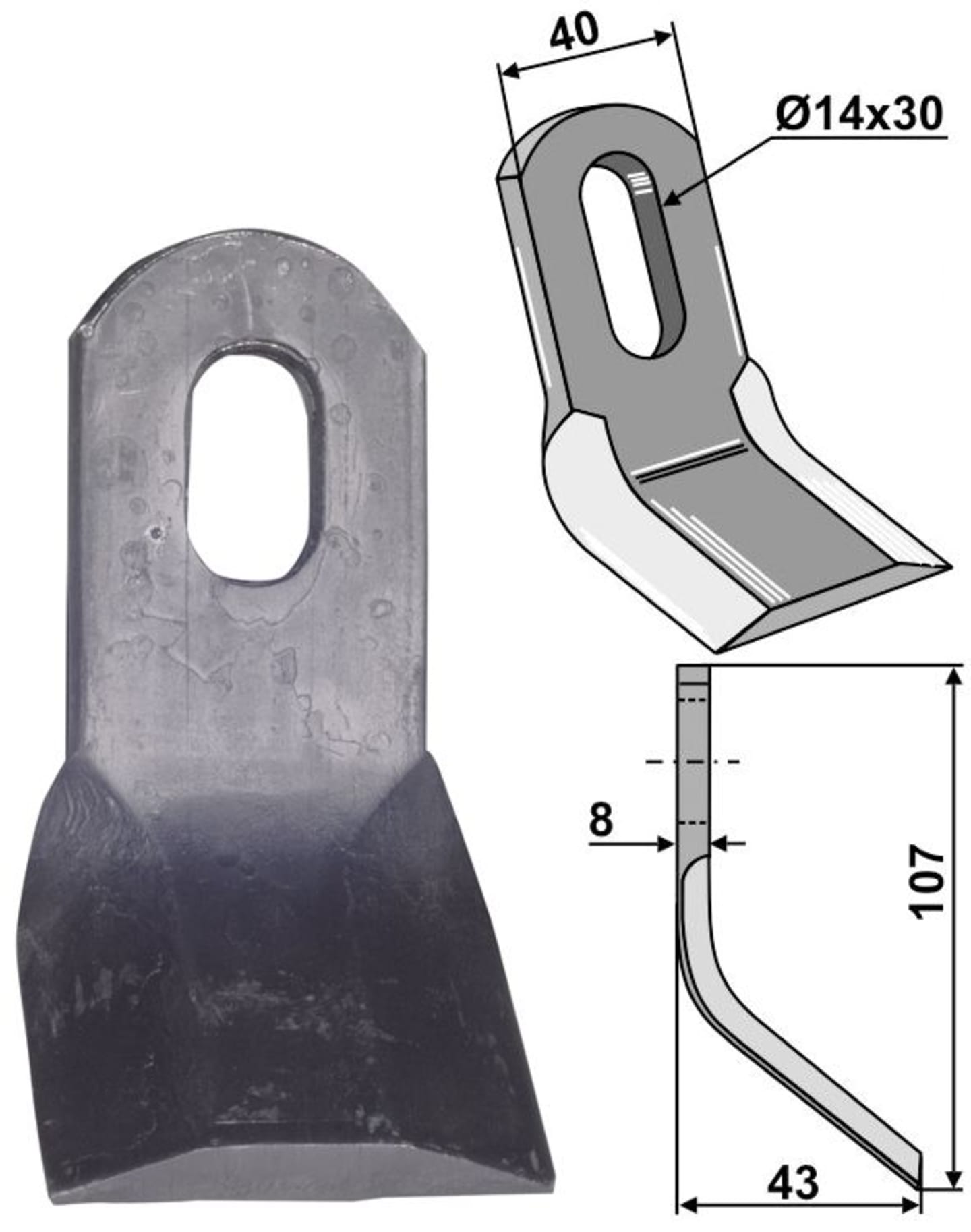 Industriehof® Y-Messer 107 x 40 x 8 mm, Bohrung 30 x 14 mm, für Mulcher Becchio & Mandrile, 63-ZZZ-02