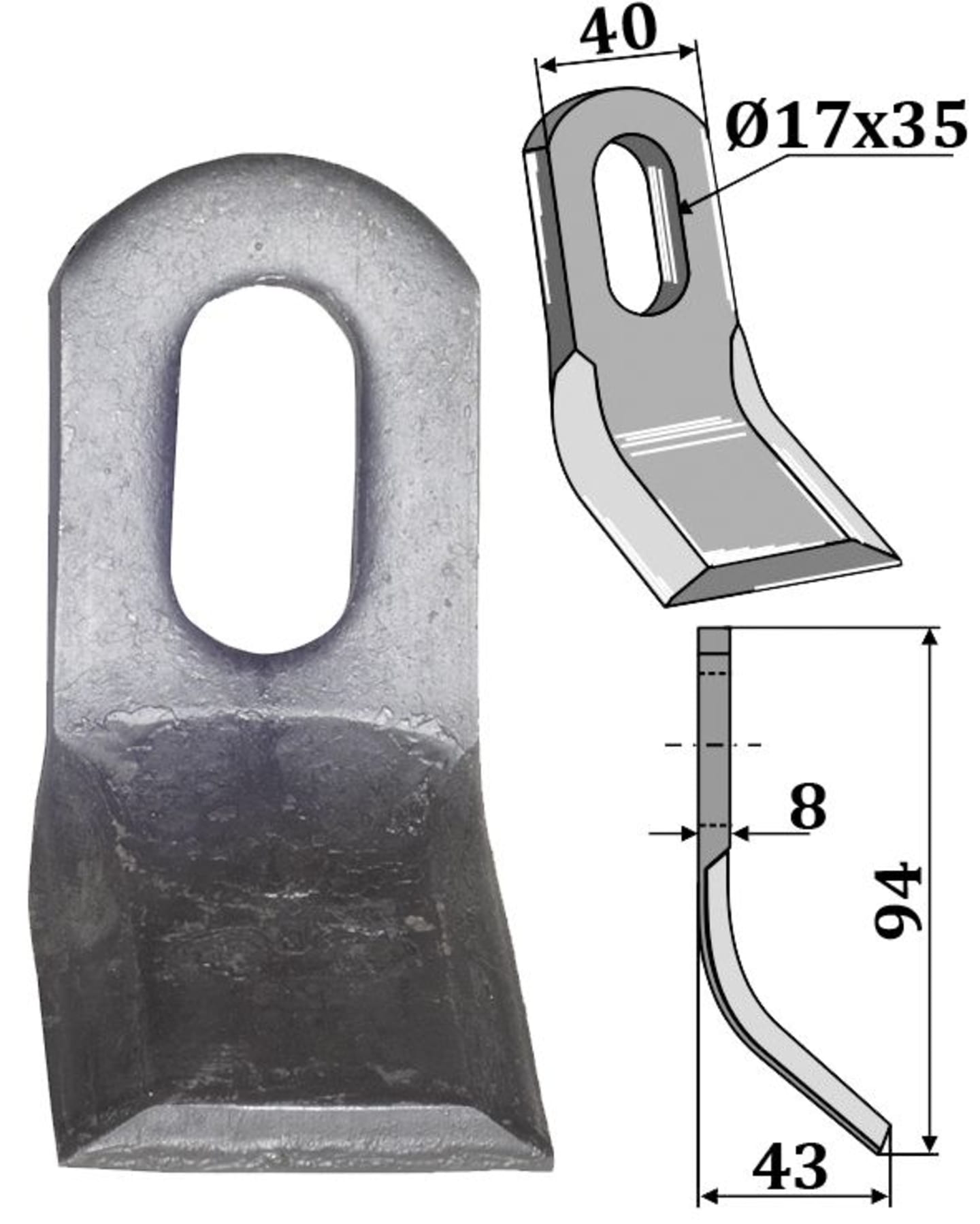 Industriehof® Y-Messer 94 x 40 x 8 mm, Bohrung 35 x 17 mm, für Mulcher Orsi, 63-ZZZ-11