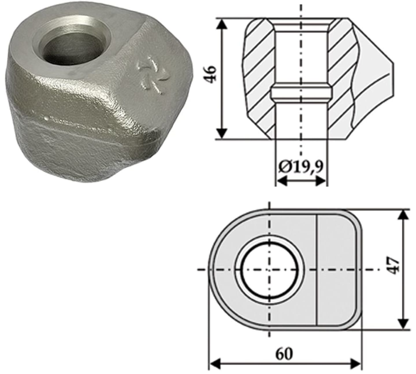 Industriehof® Halter 60 x 47 x 46 mm, Bohrung 20 mm für GRaben- und Straßenfräse, 635-0014