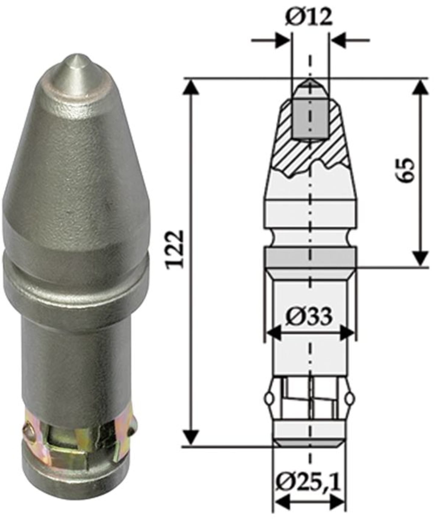 Industriehof® Rundschaftmeißel für Grabenfräse mit Hartmetalleinsatz mit steiler Spitze, Ø Anschluss 25,1 mm, Ø 12 mm; 33 mm, 635-0028