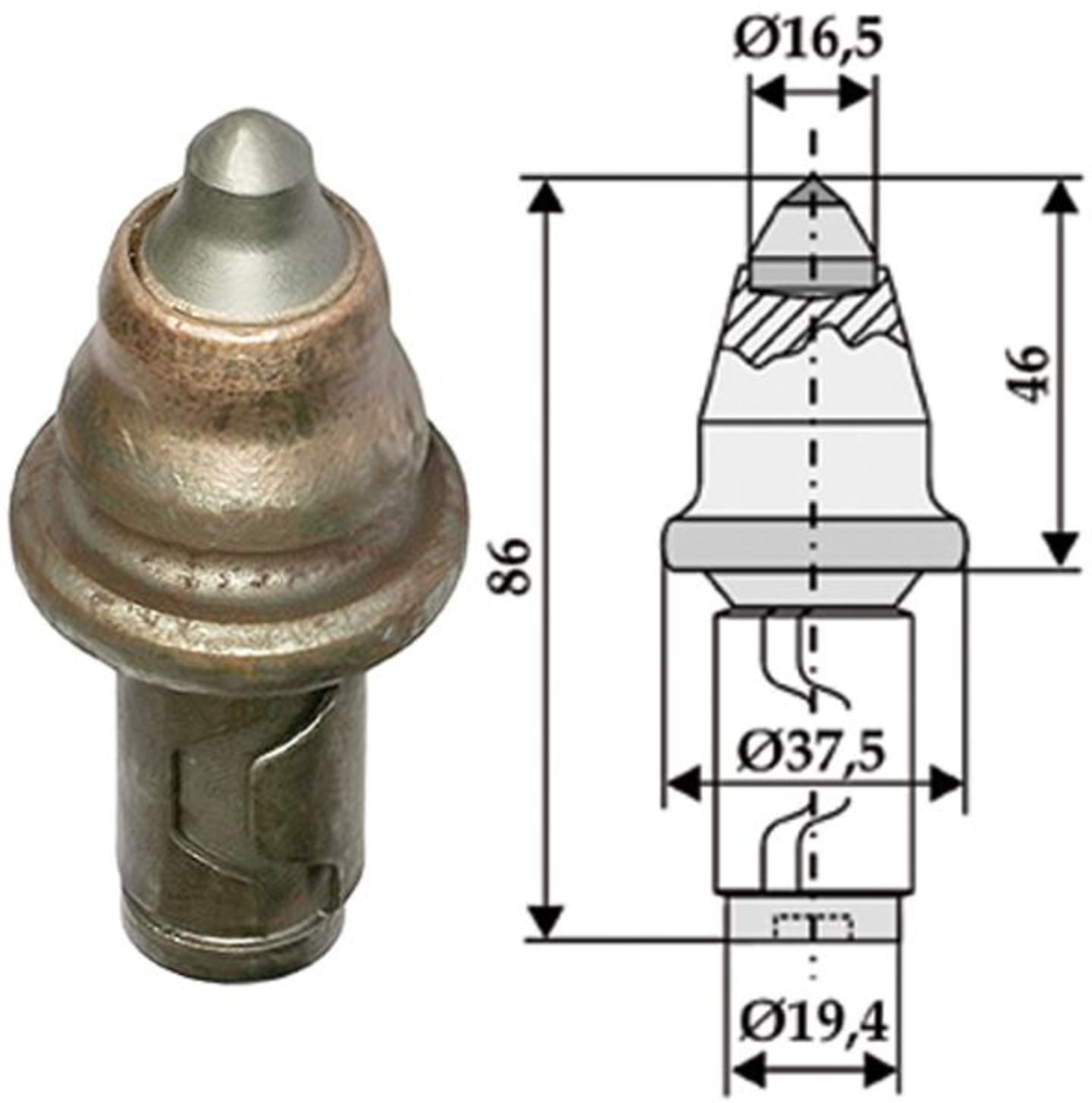 Industriehof® Rundschaftmeißel für Straßenfräse mit Hartmetalleinsatz mit steiler Spitze, Ø Anschluss 19,4 mm, Ø 16,5 mm; 37,5 mm, 635-0038