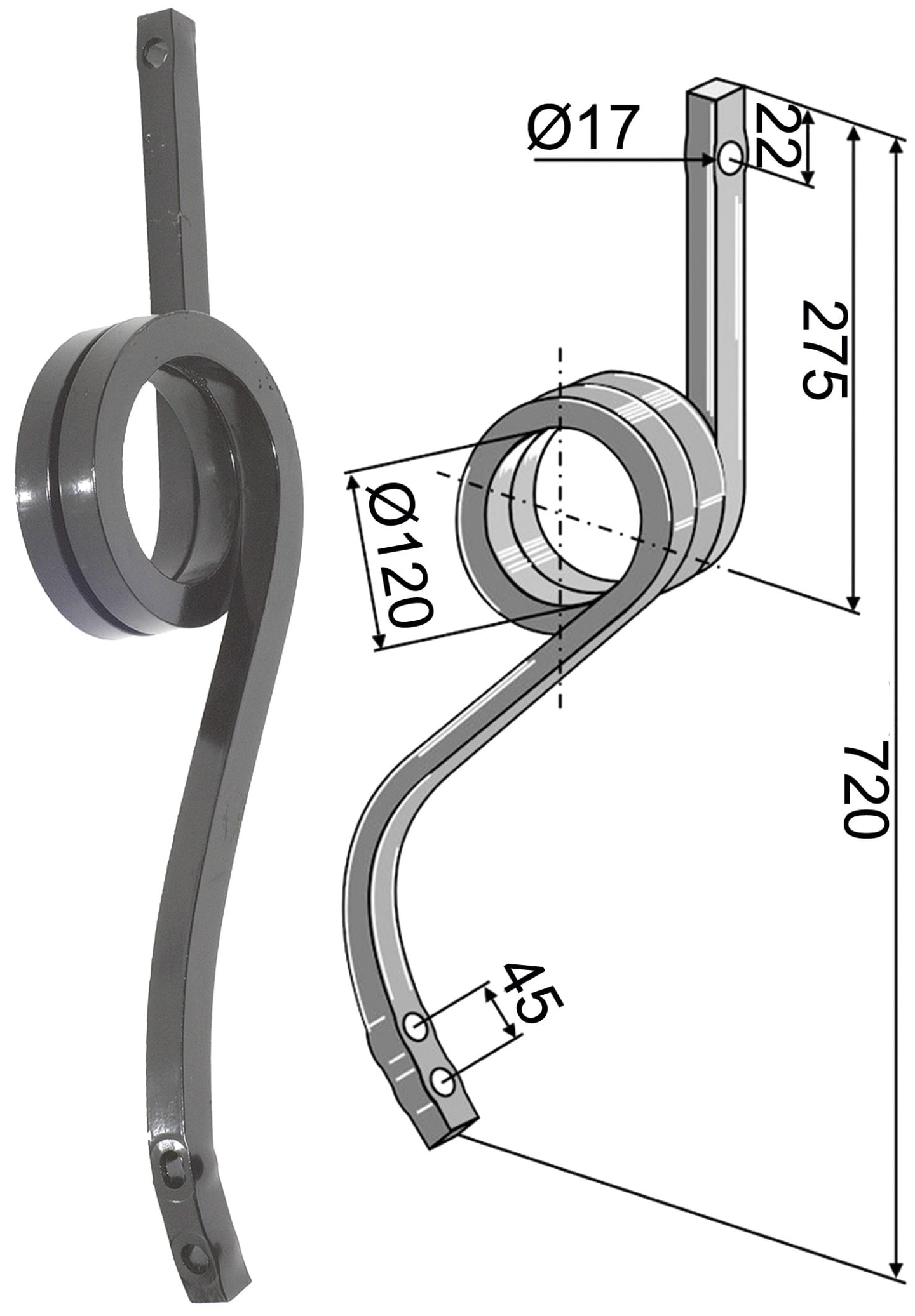 Industriehof® Spurlockerzinken 720 x 25 x 25 mm ohne Schar, Abgang Windung vorn, für universal, 10.4721