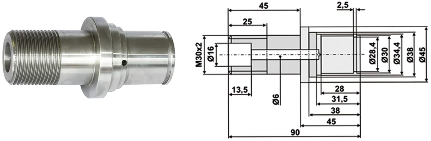 Industriehof® Achszapfen Länge 90 mm, Ø außen 45 mm, M 30 x 2 AG, für Väderstad, 99.VÄ-10