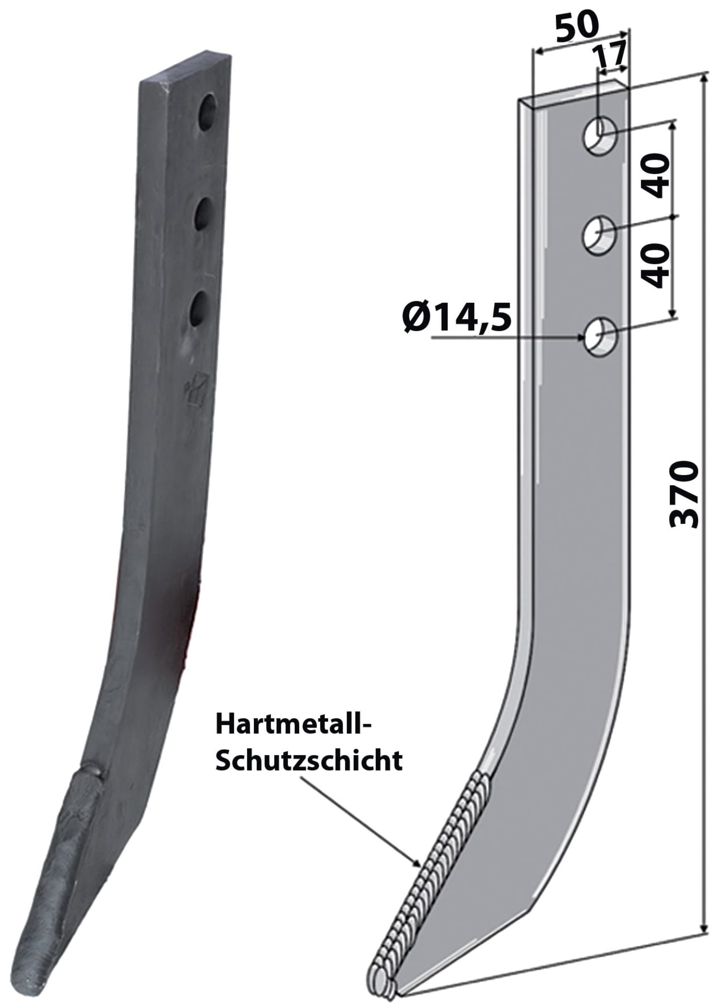 Industriehof® Fräshaken 370 x 50 x 10 mm mit Hartmetall-Schutzschicht für Struik Reihenfräse, IND-471.1