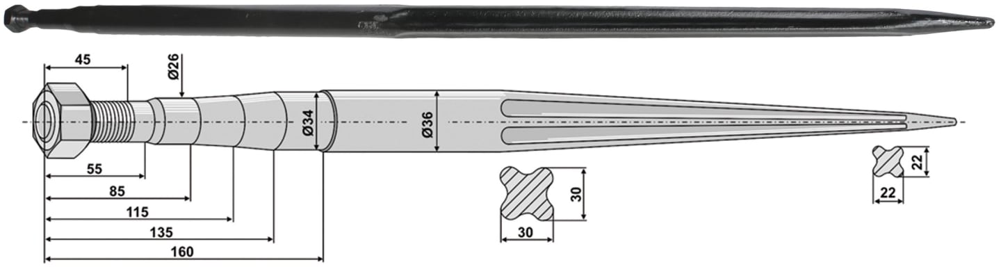 Industriehof® Frontladerzinken 1.200 mm, M 22 x 1,5 AG, spitz, gerade, für Faucheux, 181205