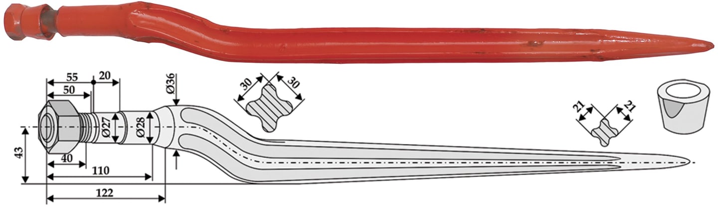 Industriehof® Frontladerzinken 670 mm, M 22 x 1,5 AG, spitz, gekröpft, für Fella, 18670