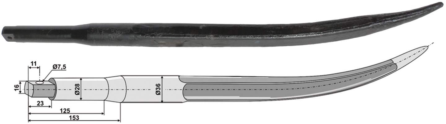 Industriehof® Frontladerzinken 640 mm, Ø 28 mm; 36 mm, spitz, gebogen, mit Schaft, für Faucheux, 18640