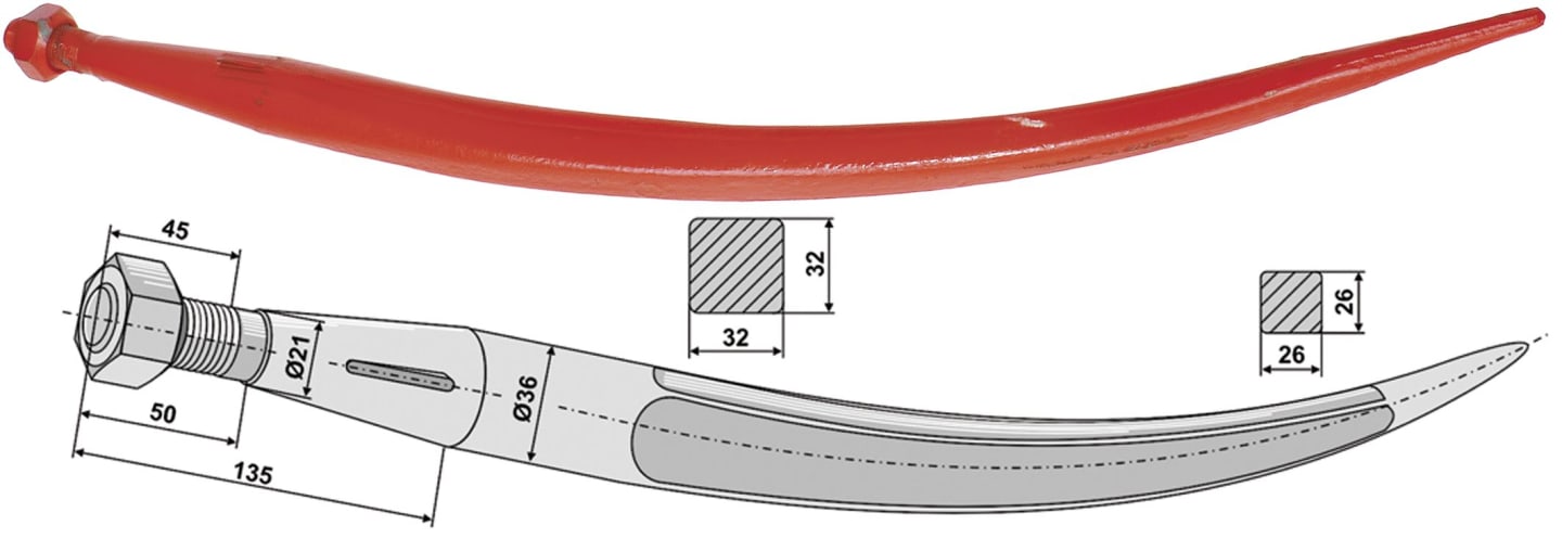 Industriehof® Greiferzinken 680 mm; 810 mm, mit konischer Mutter, spitz, gebogen