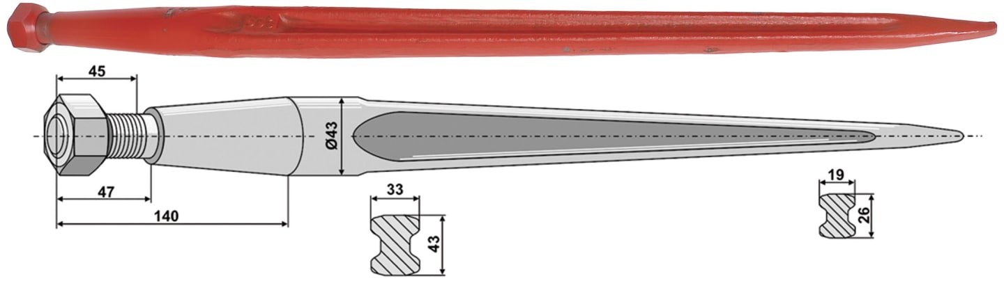 Industriehof® Frontladerzinken, Ø 33 mm; 43 mm, M 28 x 1,5 AG, spitz, gerade, für universal