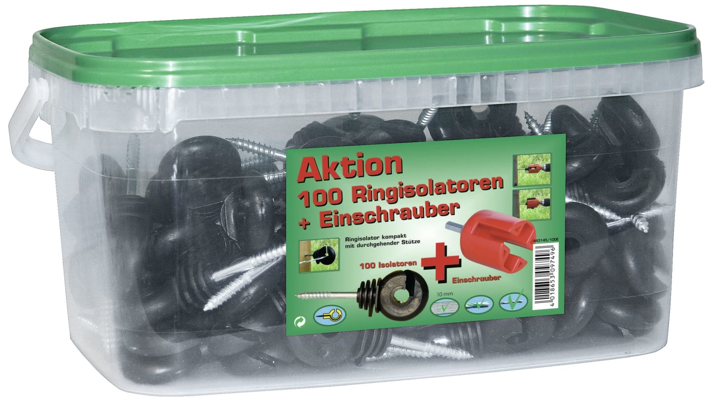 Ako Ringisolator 100 St., Holzgewinde, mit Einschraubhilfe, für Draht, Litze, Seil, Band 10 mm, 44314/1003E