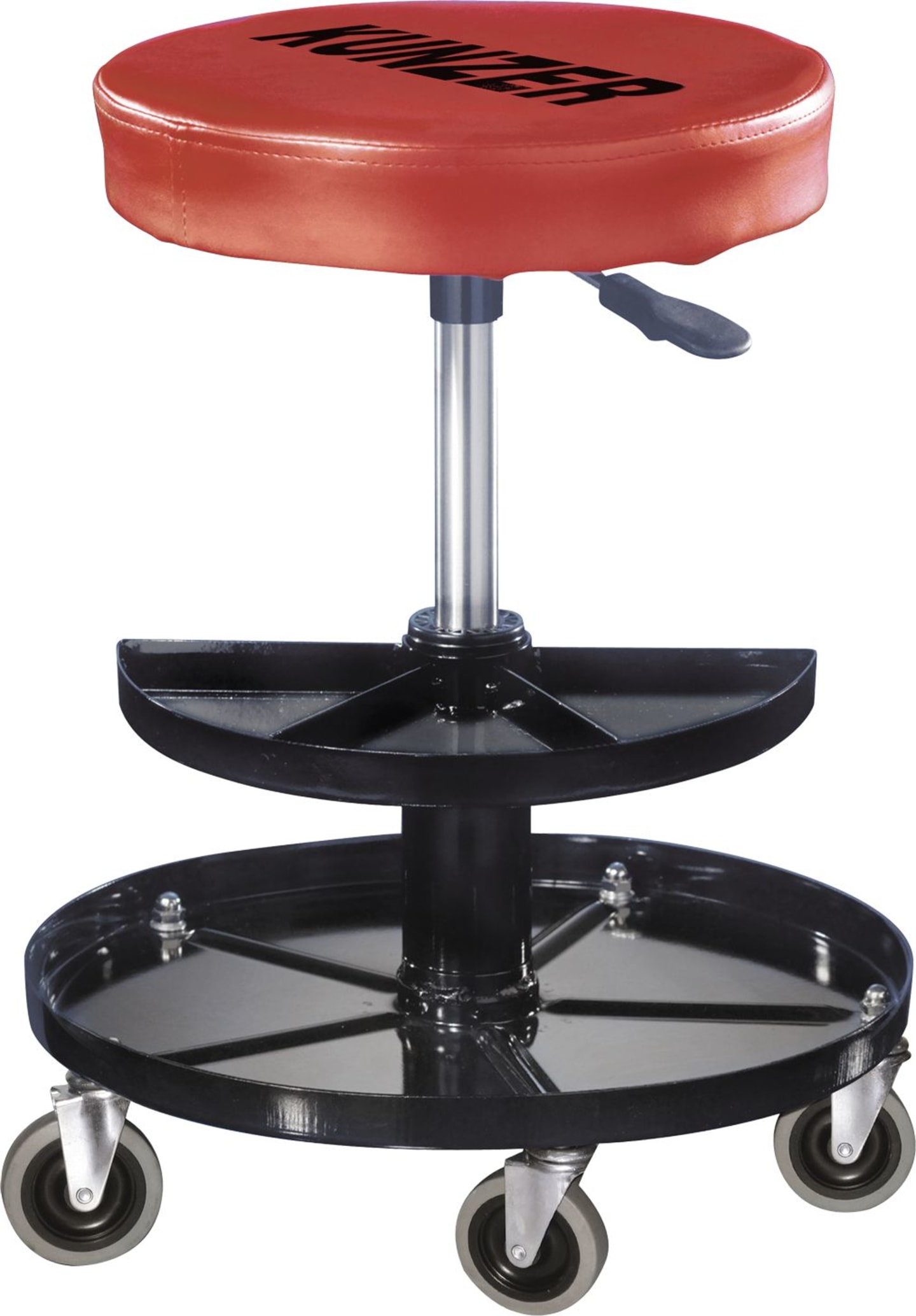 KUNZER Werkstatthocker Höhe 38 – 51 cm, Tragkraft 150 kg, pneumatisch, mit 2 Werkzeugablagen, um 360° drehbar, WK 3010