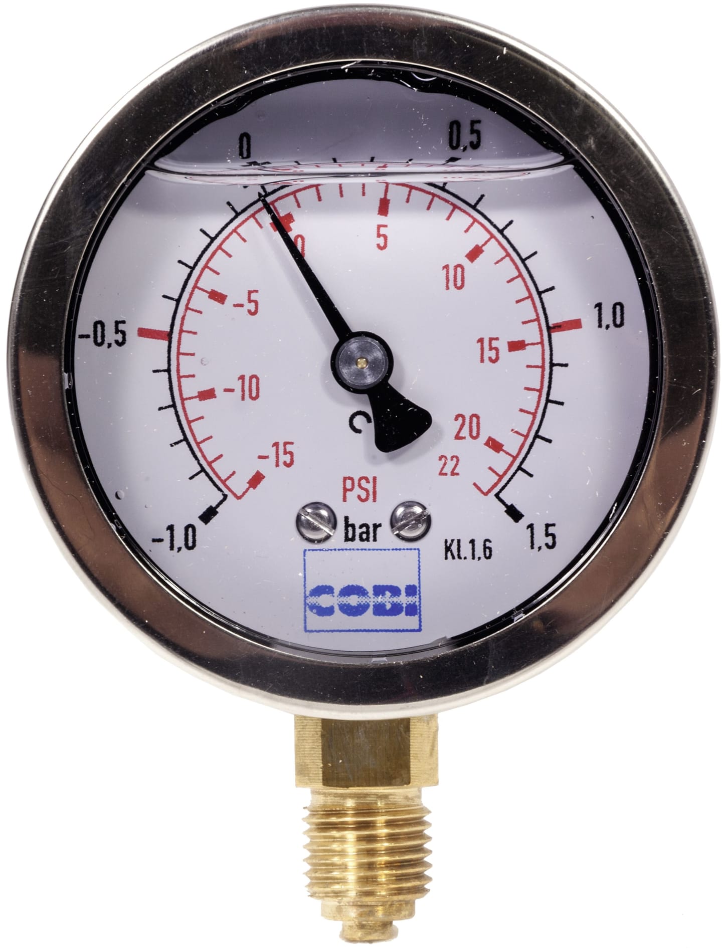 Hücobi Glyzerin-Vakuum-Manometer, Anschluss 1/4" unten, -1 bis 1,5 bar, Rote Markierung -0,5 bar; +1,0 bar, 8113 006010